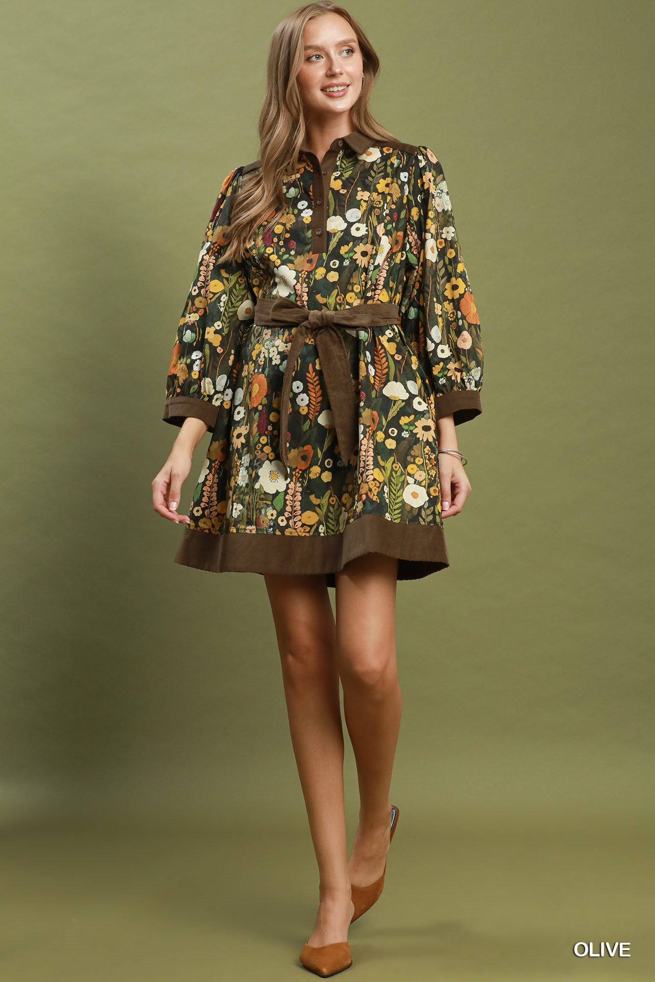 Umgee Olive Floral Puff Sleeve Mini Dress