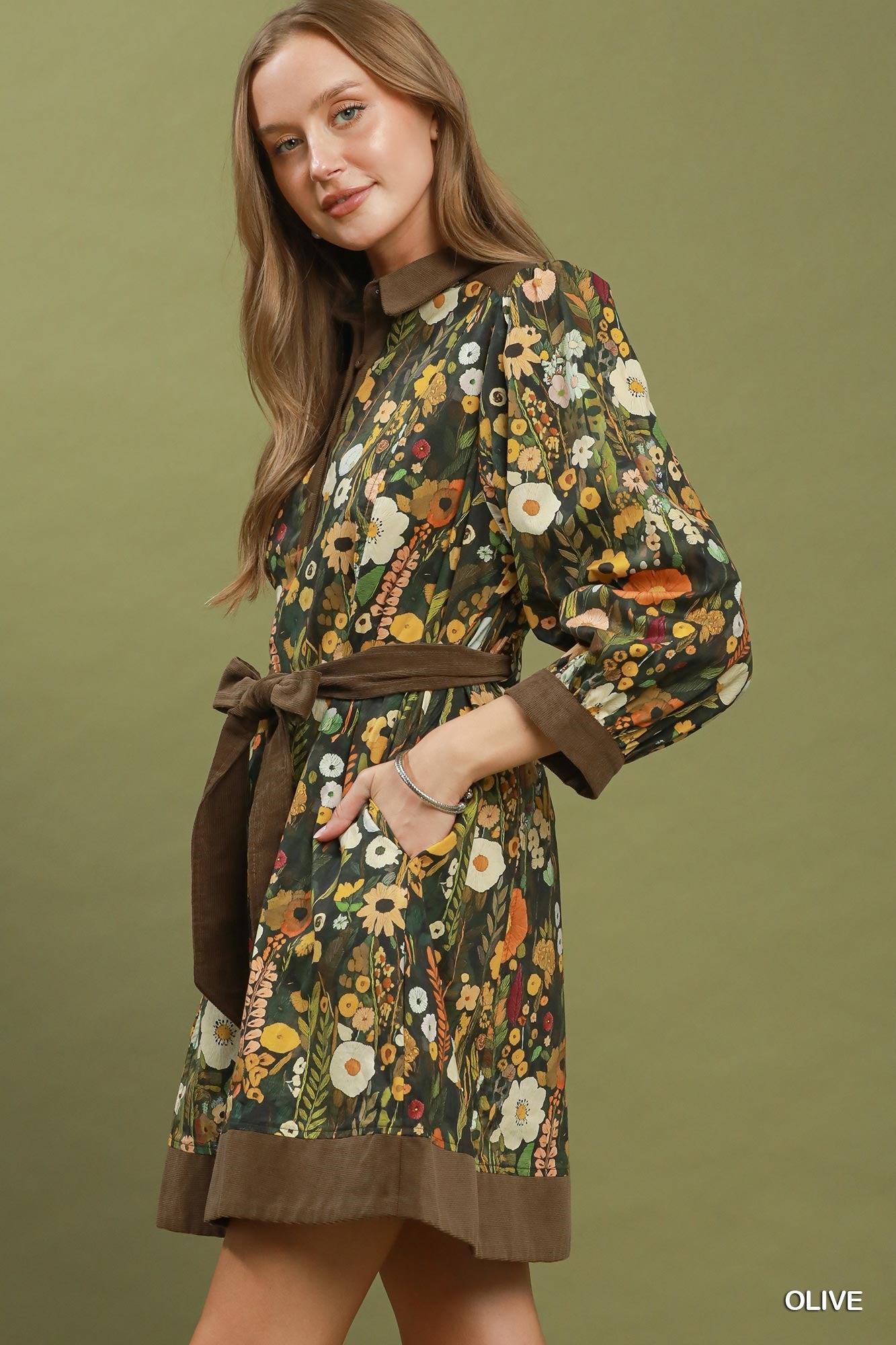 Umgee Olive Floral Puff Sleeve Mini Dress