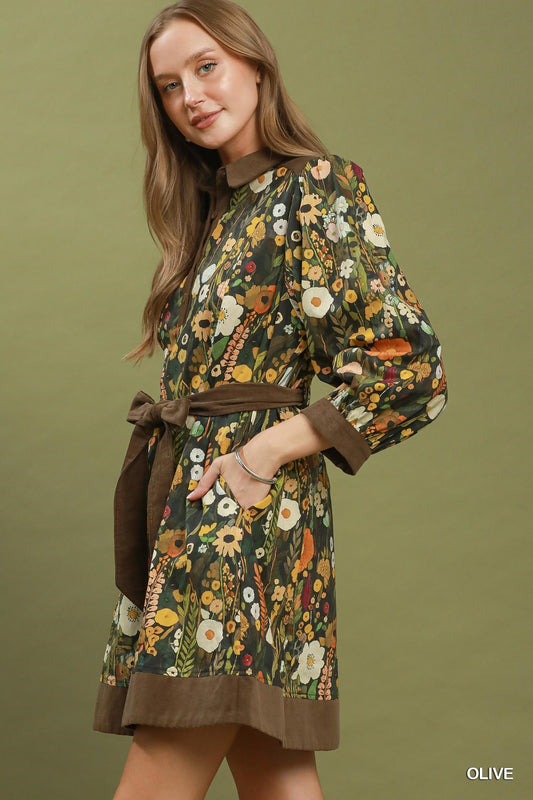 Umgee Olive Floral Puff Sleeve Mini Dress