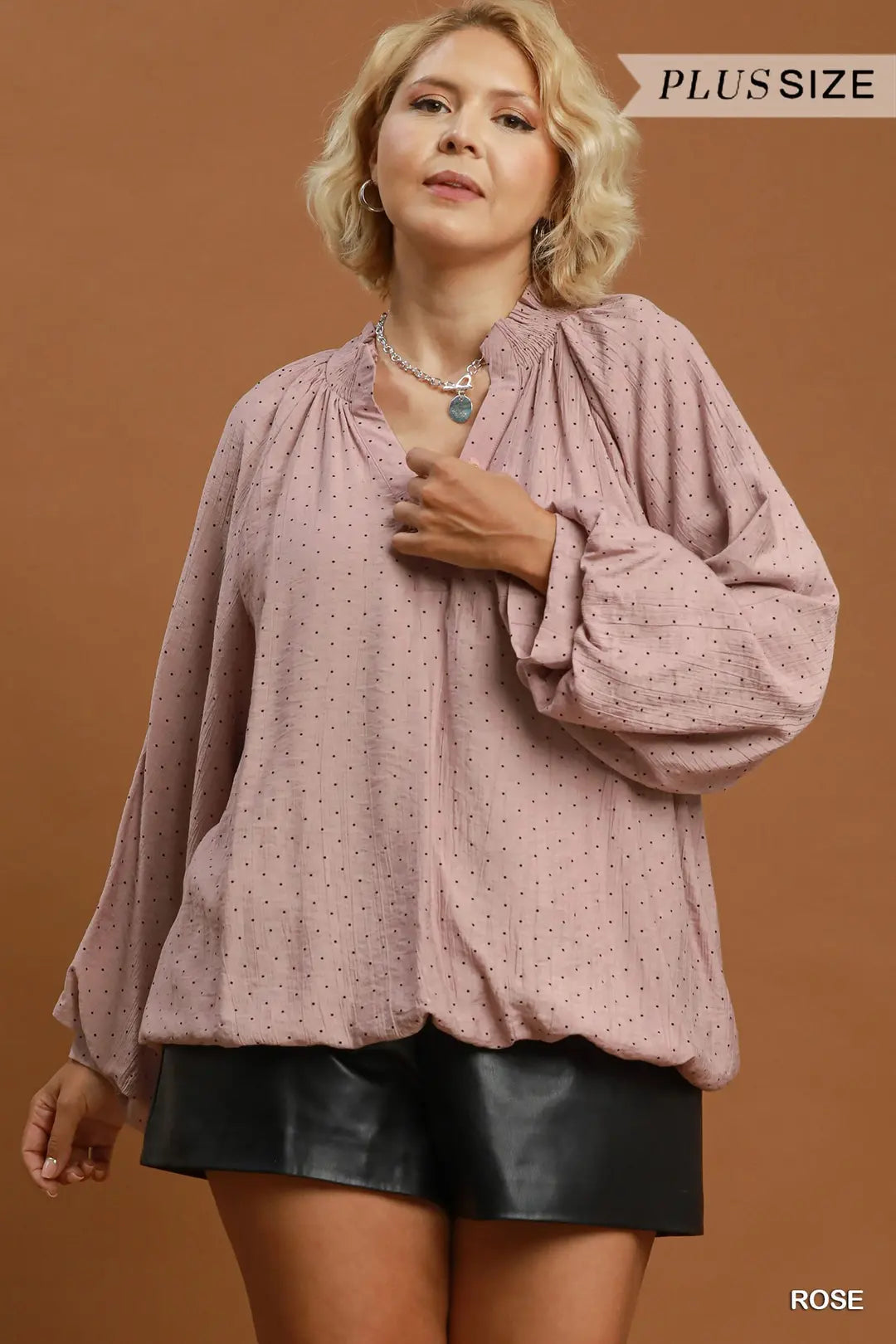Umgee Polka Dot Textured Balloon Sleeve Blouse