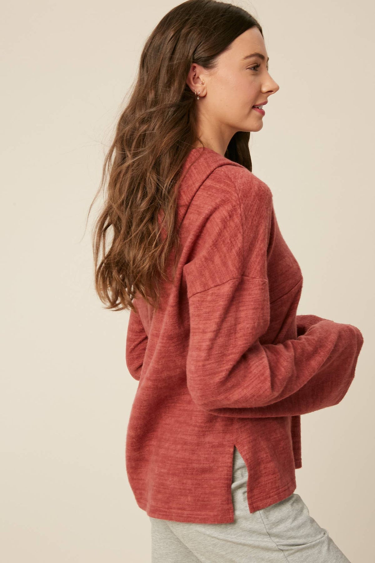 Plum Brushed Knit Henley Hoodie