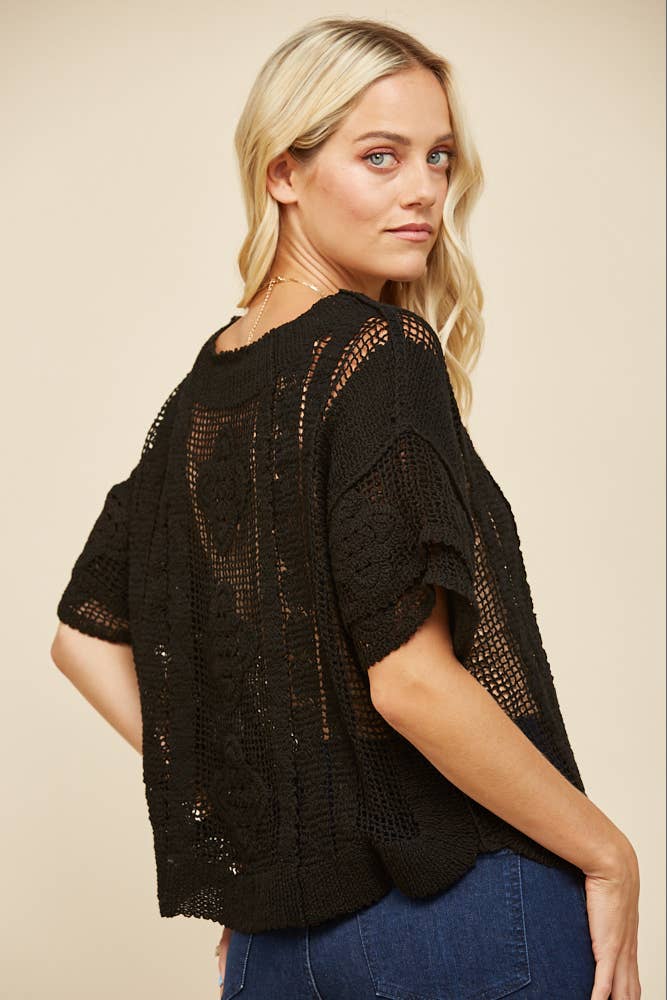 FINAL SALE- SHORT SLEEVE CROCHET KNIT TOP BLACK 926 WEST