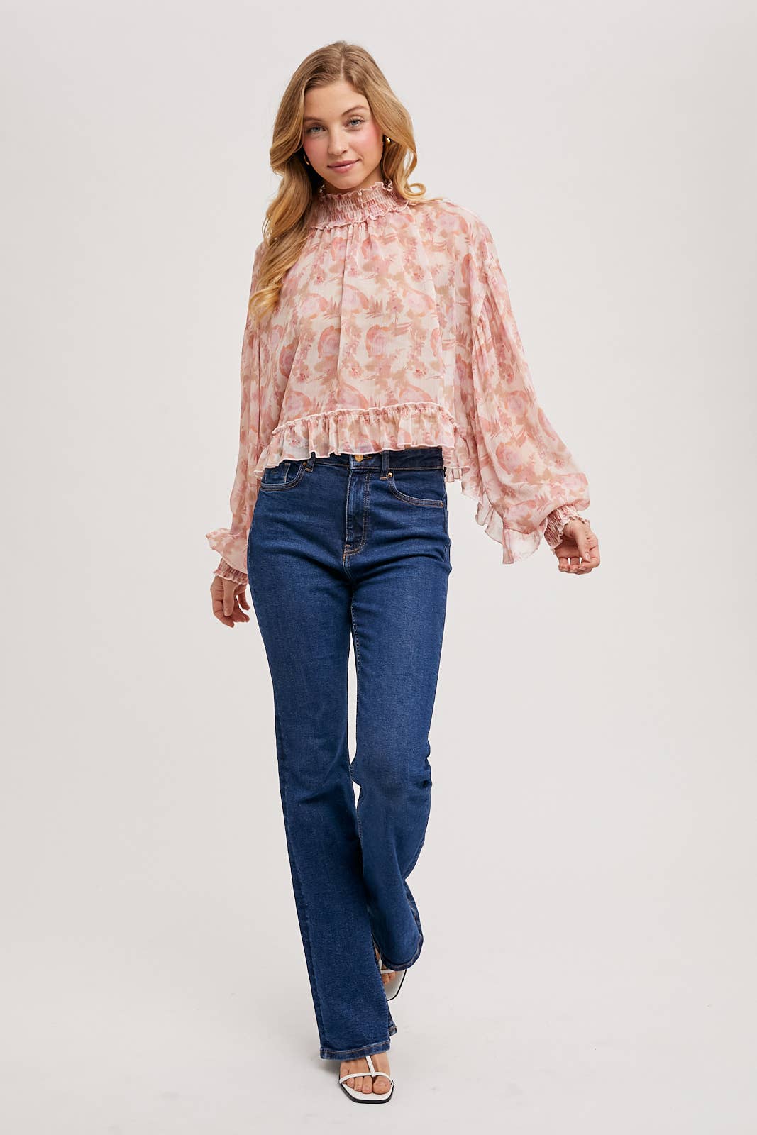 FLORAL PRINT RUFFLED MOCK NECK DOLMAN SLEEVE CHIFFON TOP Bluivy