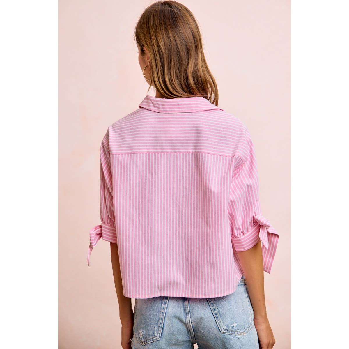 Stripe Woven Button-Up Top with Tied Sleeves