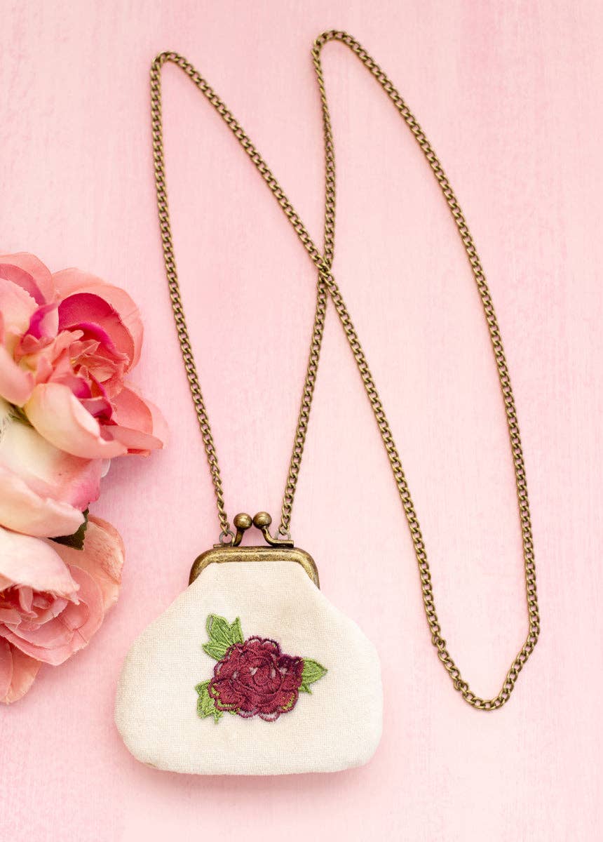 Deavaney Velvet Coin Purse in Cream | Embroidered Flower