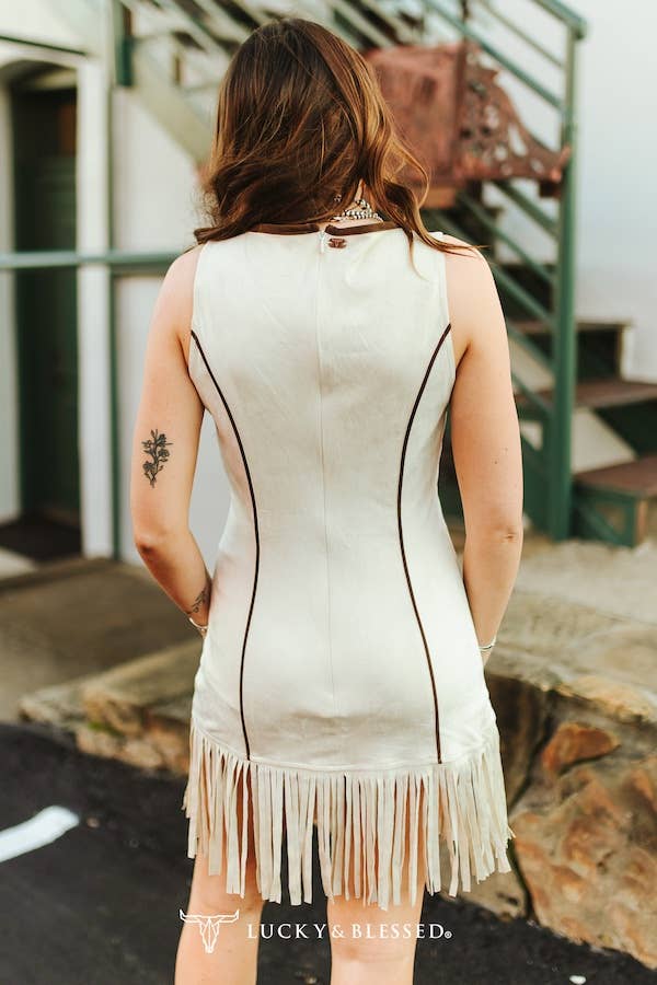 Lucky & Blessed - Ivory Stretch Seude Brown Embroidered Piping Fringe Hem Dress - 926 West