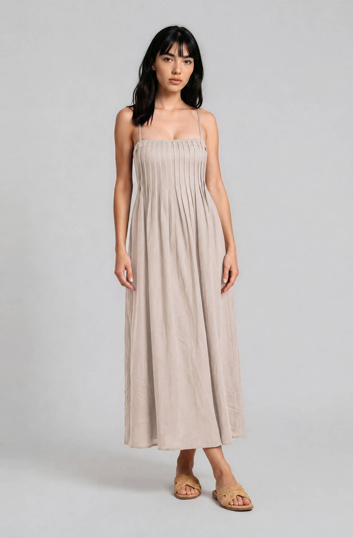 Light Khaki Pintuck Midi Sundress