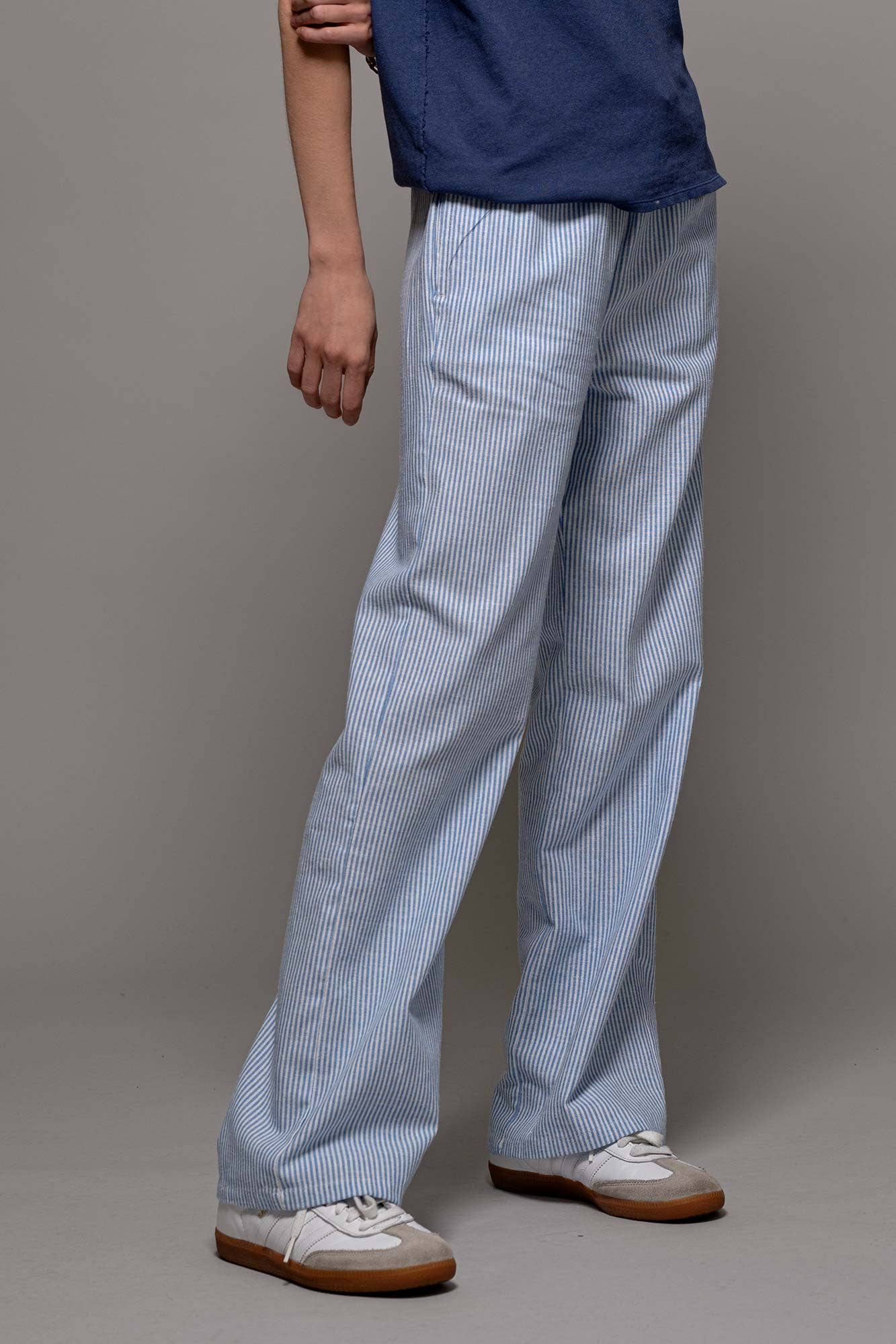 Blue Pinstripe Drawstring Wide Leg Lounge Pants 926 WEST