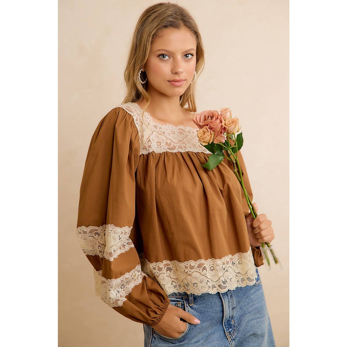 BiBi Camel Lace-Trim Balloon Sleeve Blouse