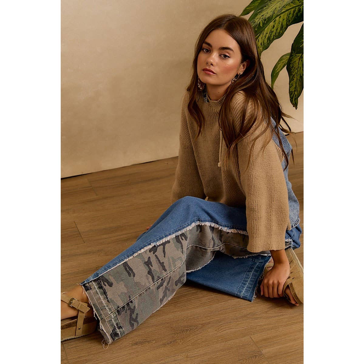 Denim Contrast Hooded Knit Pullover Top