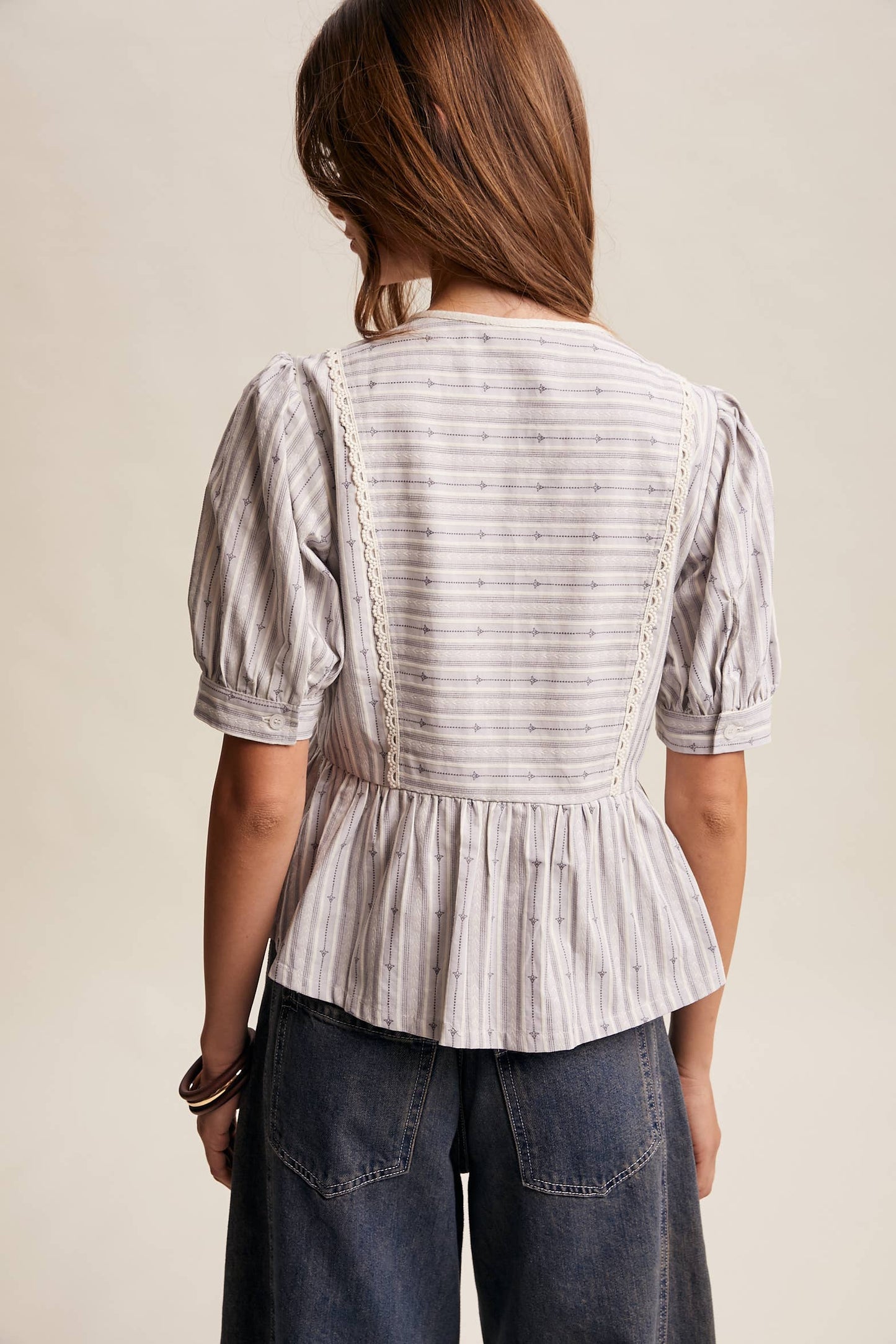 Jacquard Tie-Front Peplum Blouse – Slate Blue