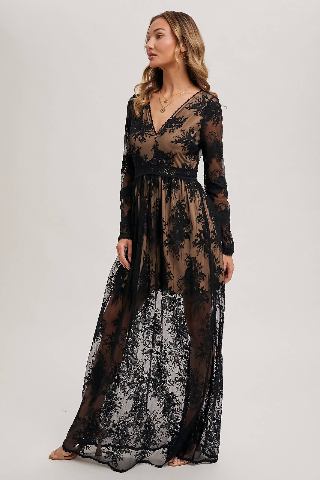 BOHO FLORAL LACE V-NECK MAXI DRESS WITH LINING Bluivy