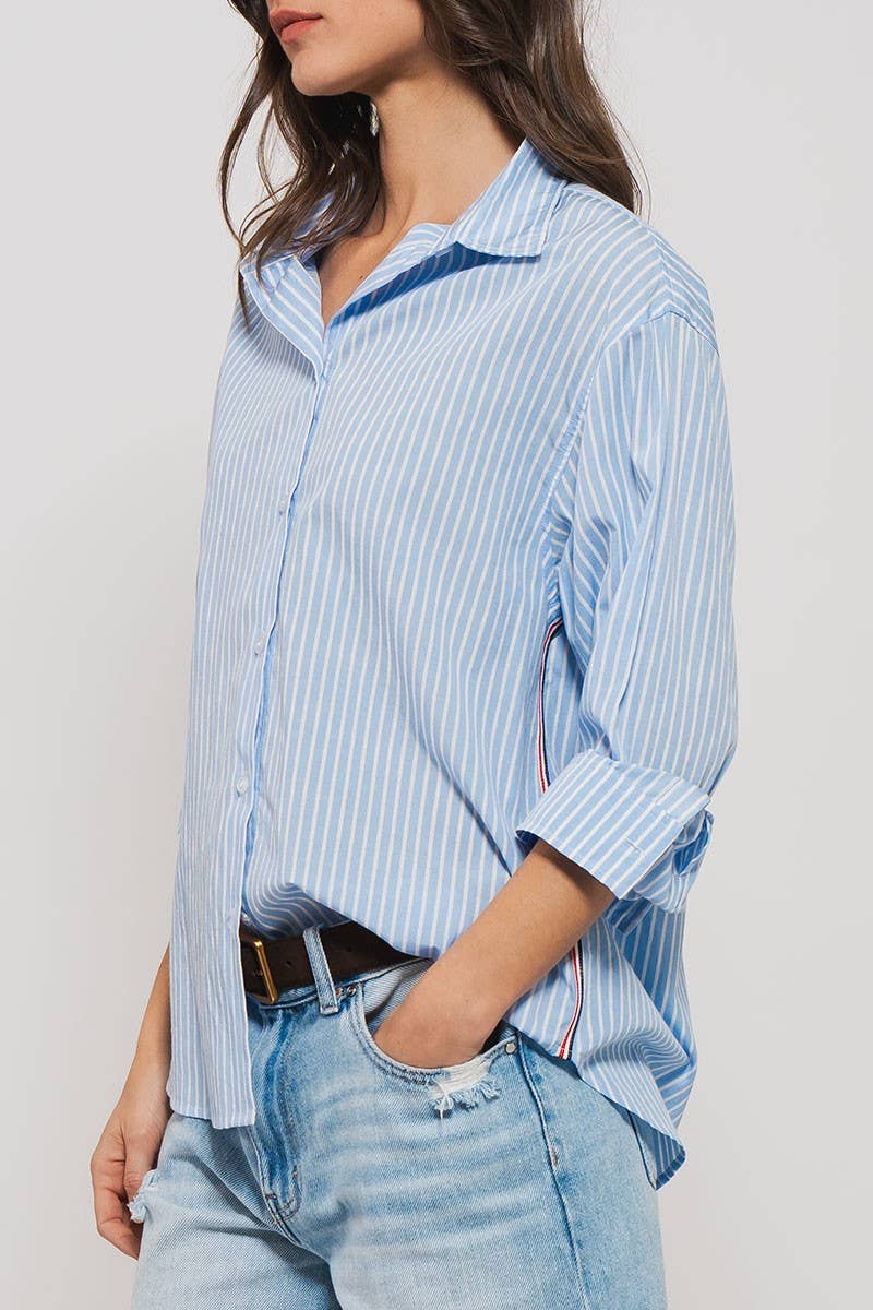 Striped Twill Tape Detail Statement Button Shirt Urban Daizy