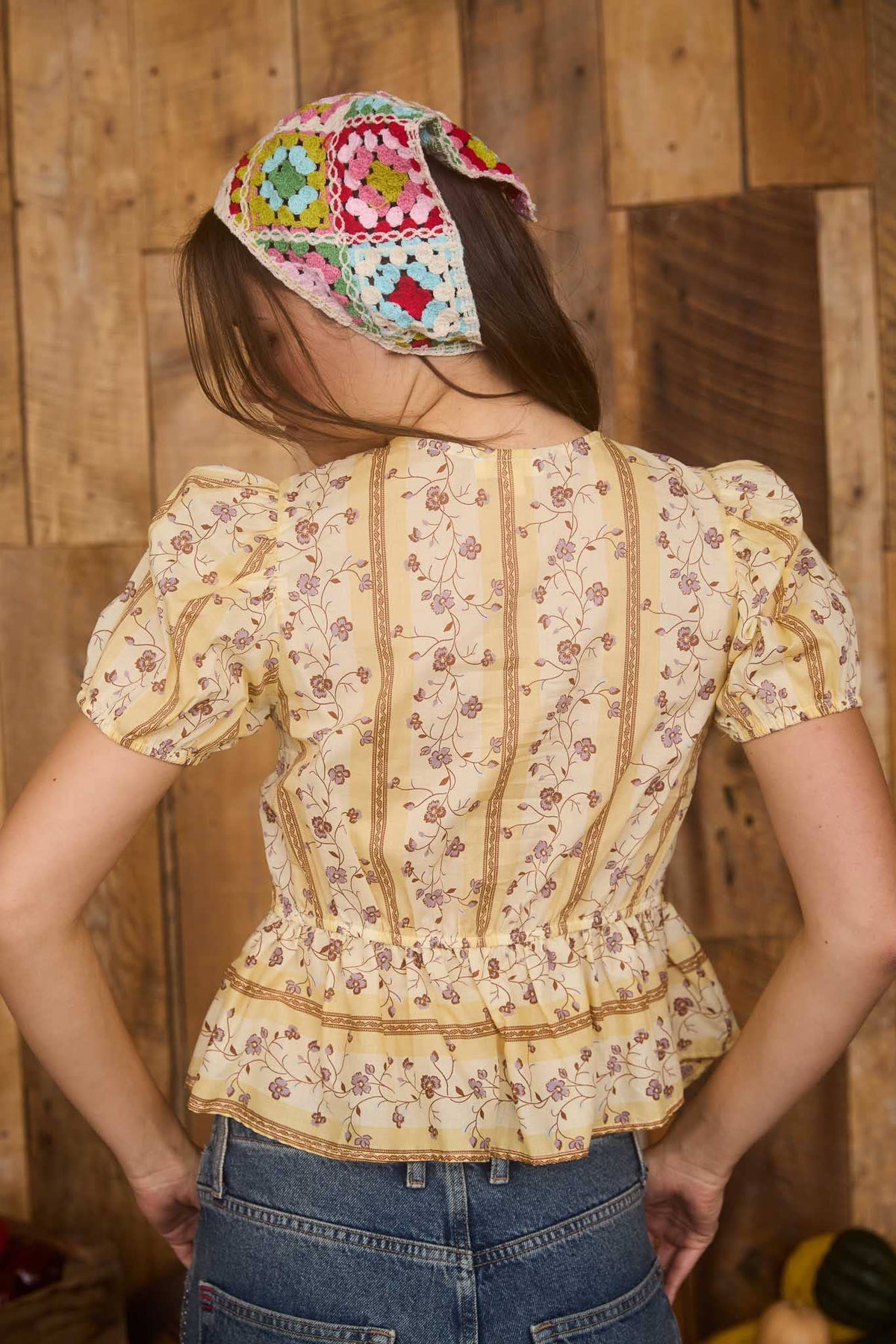 Blu Pepper - Floral Stripe Front Tie Puff Sleeve Blouse - 926 West