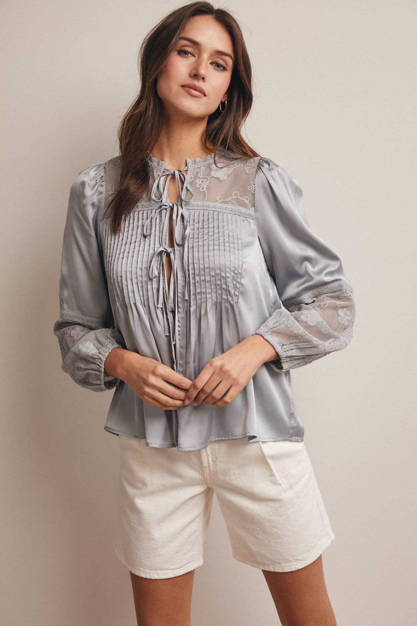 Embroidered Lace Tie-Front Blouse - 926 West
