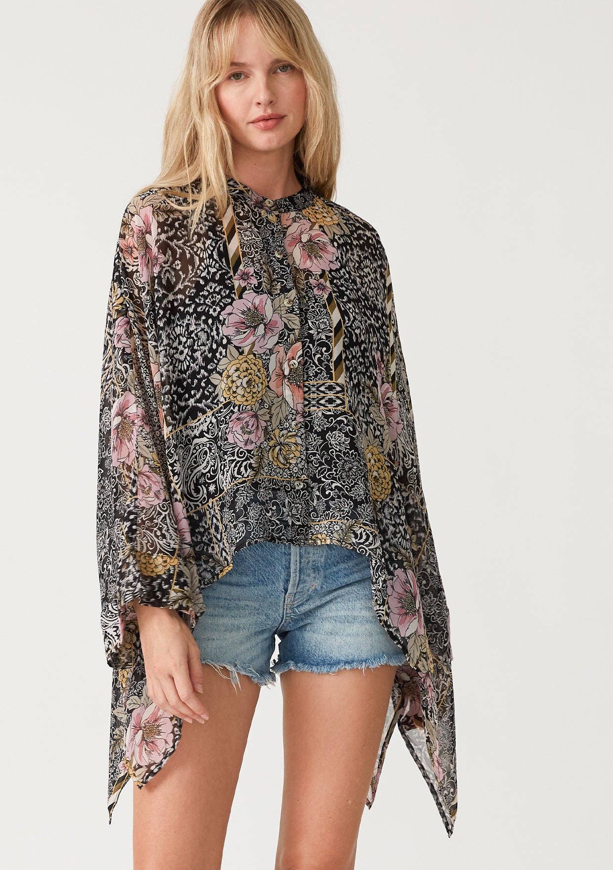 Sheer Floral Asymmetric Button Front Blouse 926 WEST