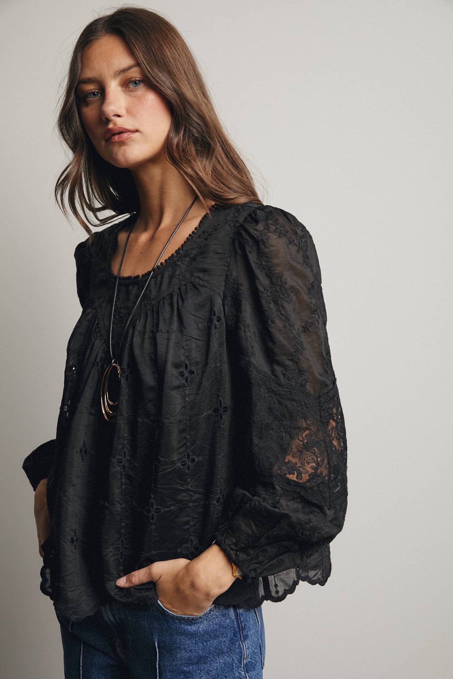 Forte - Embroidered Lace Puff Sleeve Blouse