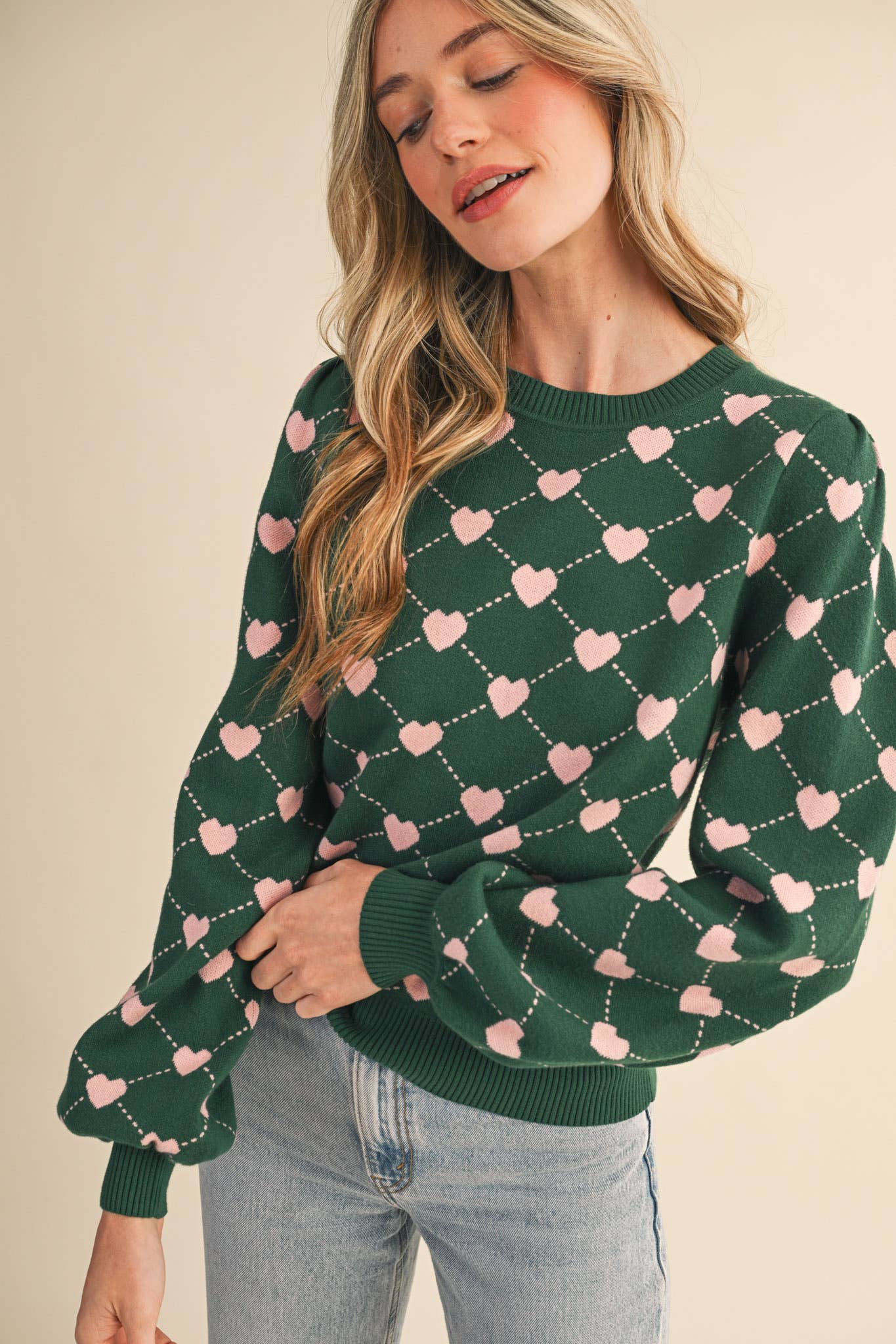 HEART KNIT PUFF SLEEVE SWEATER &MERCI