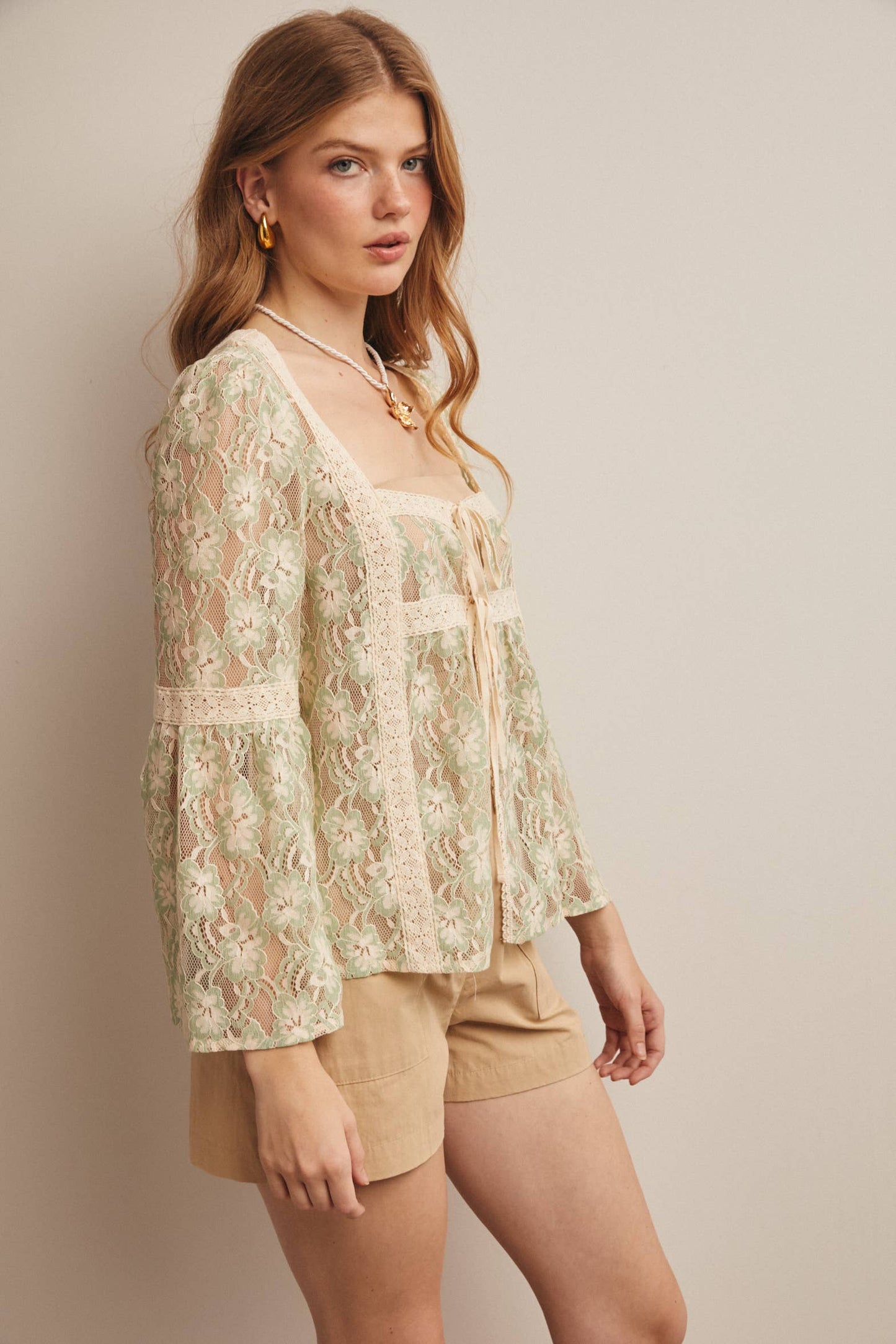 Forte - Sheer Lace Tie-Front Bell Sleeve Blouse - 926 West