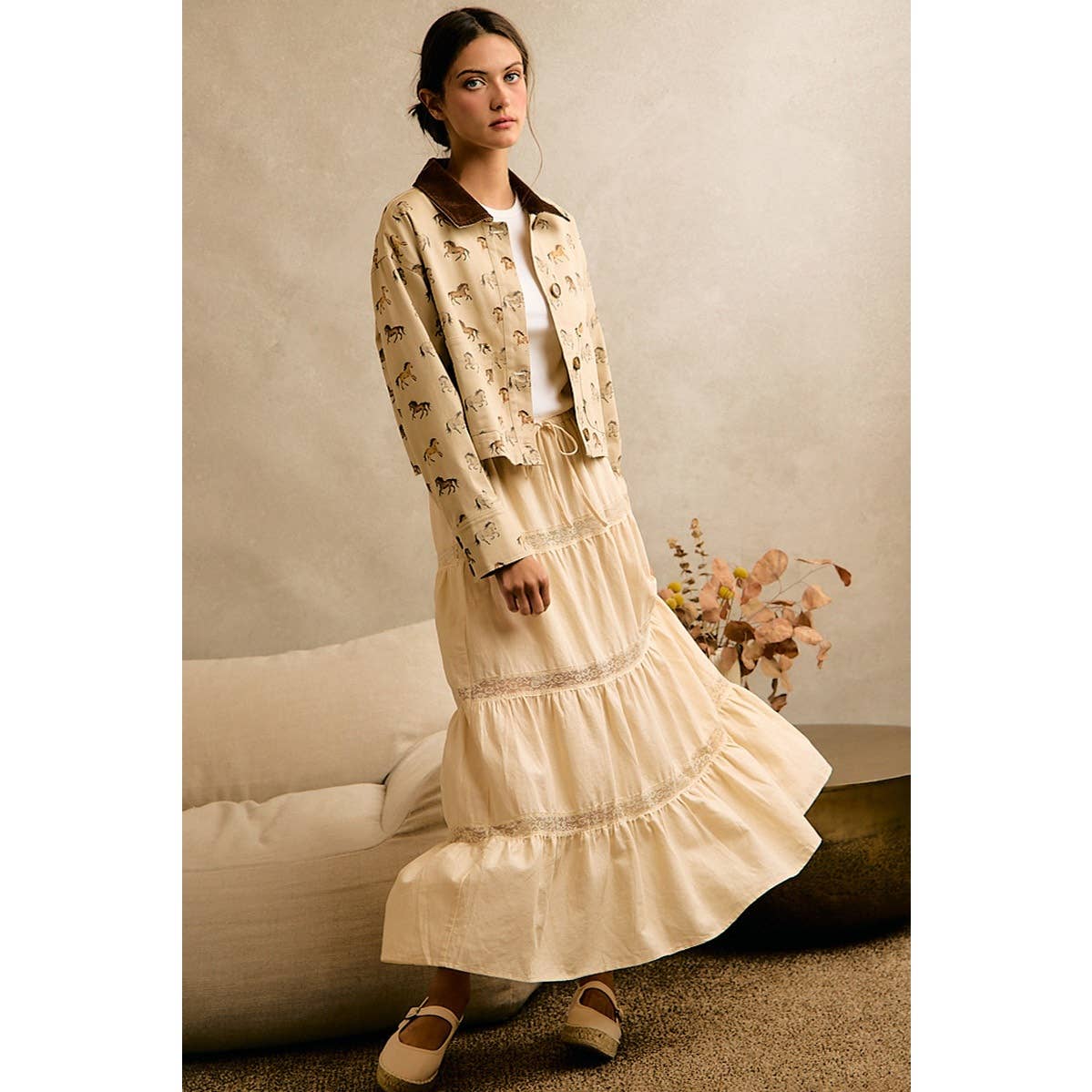 Ivory Lace-Trim Tiered Maxi Skirt