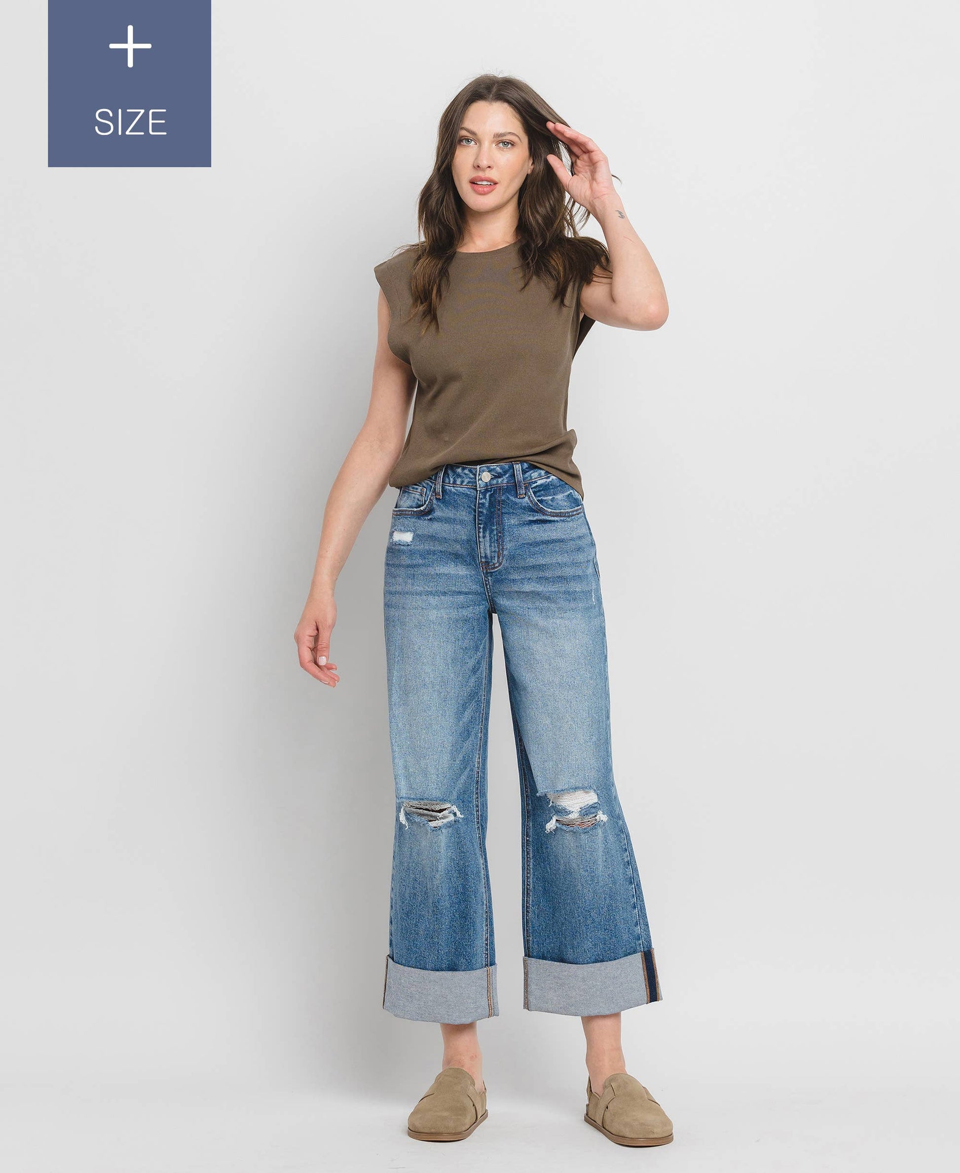 PLUS SIZE SUPER HIGH RISE CUFFED BAGGY WIDE JEANS LV1459-P Lovervet by VERVET