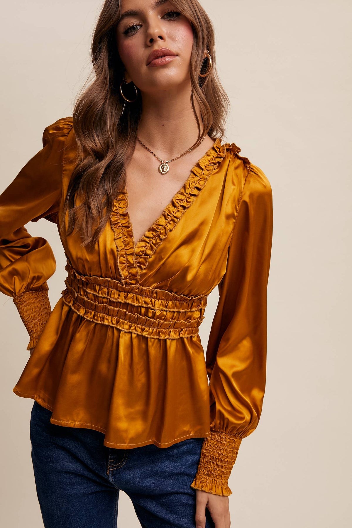 Butter Scotch Ruffle-Trim Satin Peplum Blouse