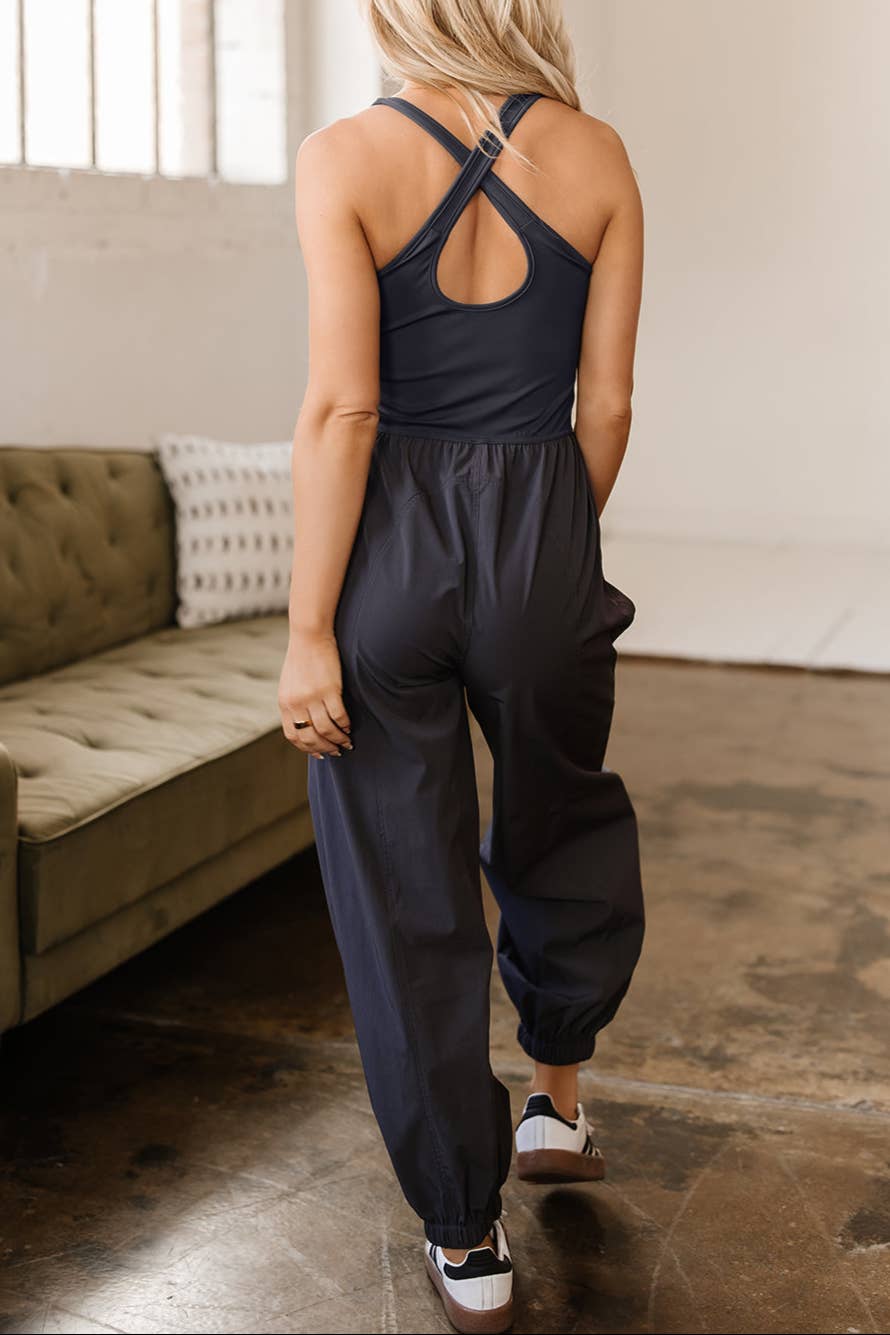 FINAL SALE- Solid Crossed Straps Jogger Jumpsuit 926 WEST