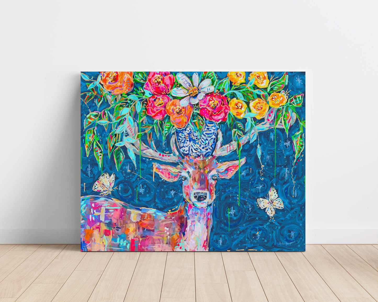 Deer and Bouquet Gallery Wrapped Canvas - Floral Art Painting Audra Style