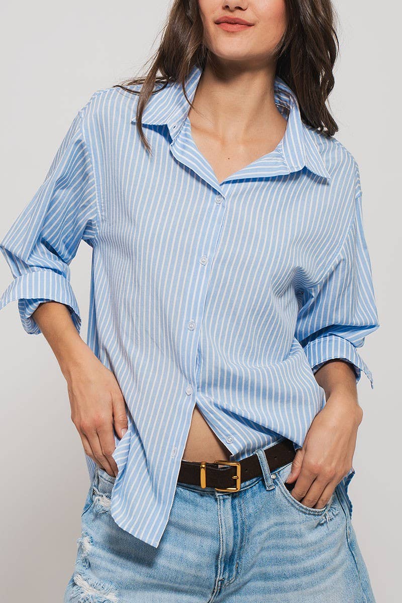 Striped Twill Tape Detail Statement Button Shirt Urban Daizy