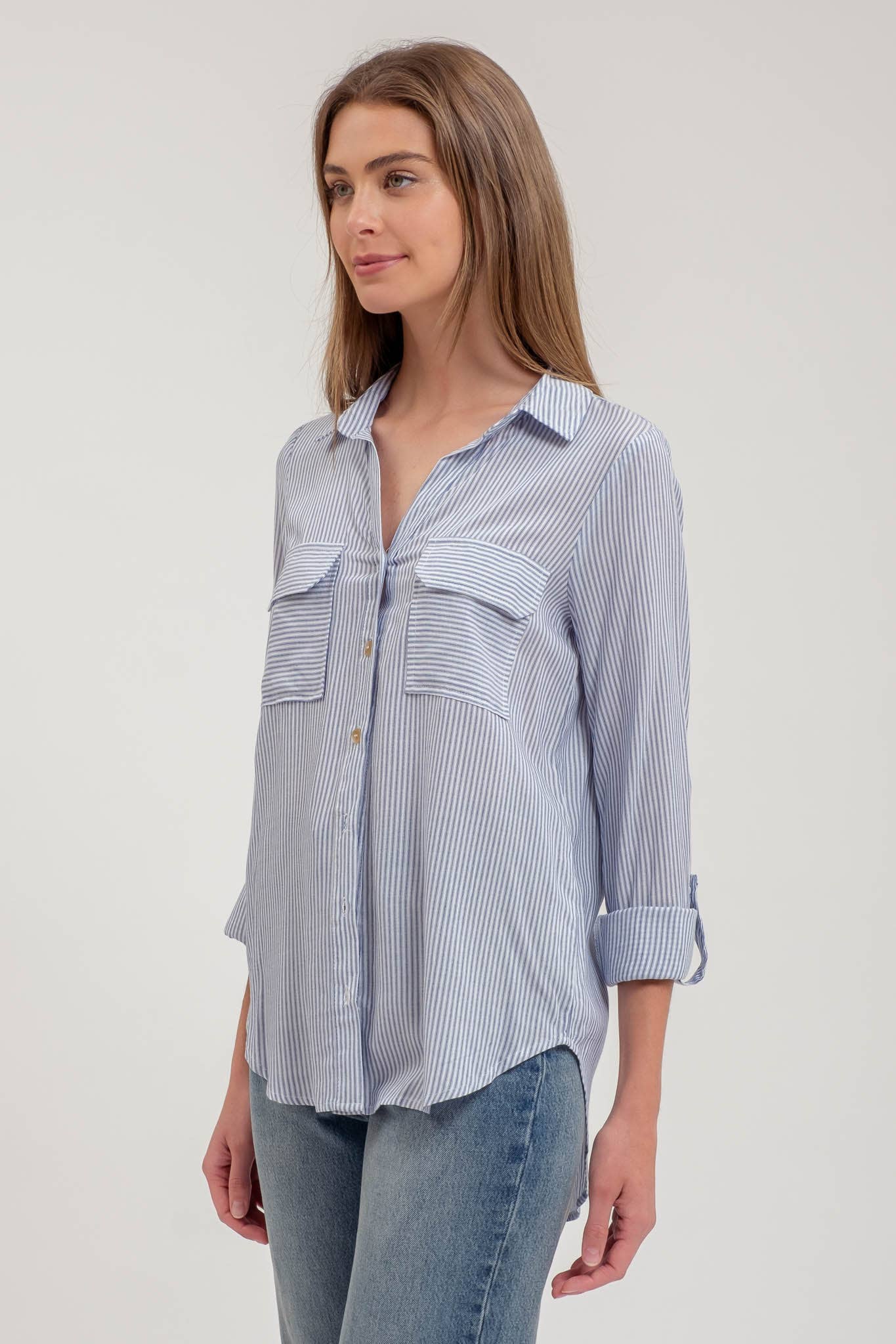 Blu Pepper - Striped Collared Button-Down Top with Pockets