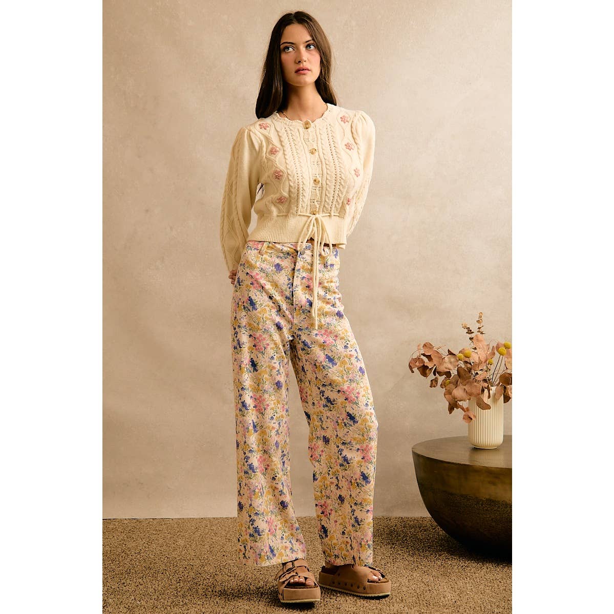 Floral Print Twill Wide Leg Pants