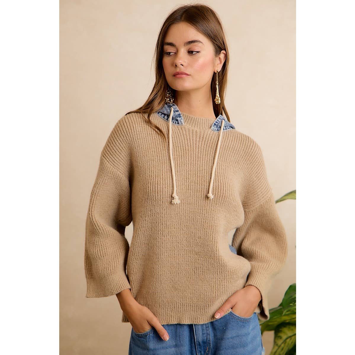 Denim Contrast Hooded Knit Pullover Top