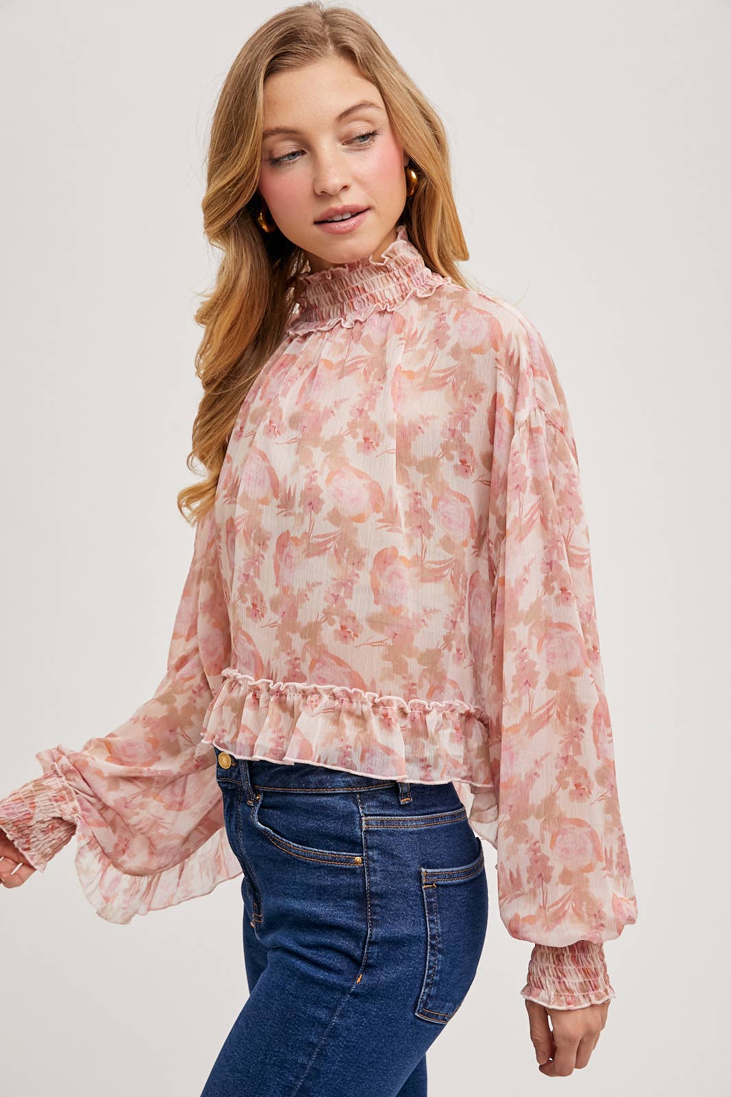 FLORAL PRINT RUFFLED MOCK NECK DOLMAN SLEEVE CHIFFON TOP Bluivy