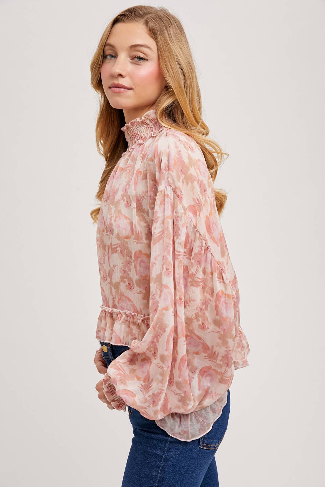 FLORAL PRINT RUFFLED MOCK NECK DOLMAN SLEEVE CHIFFON TOP Bluivy