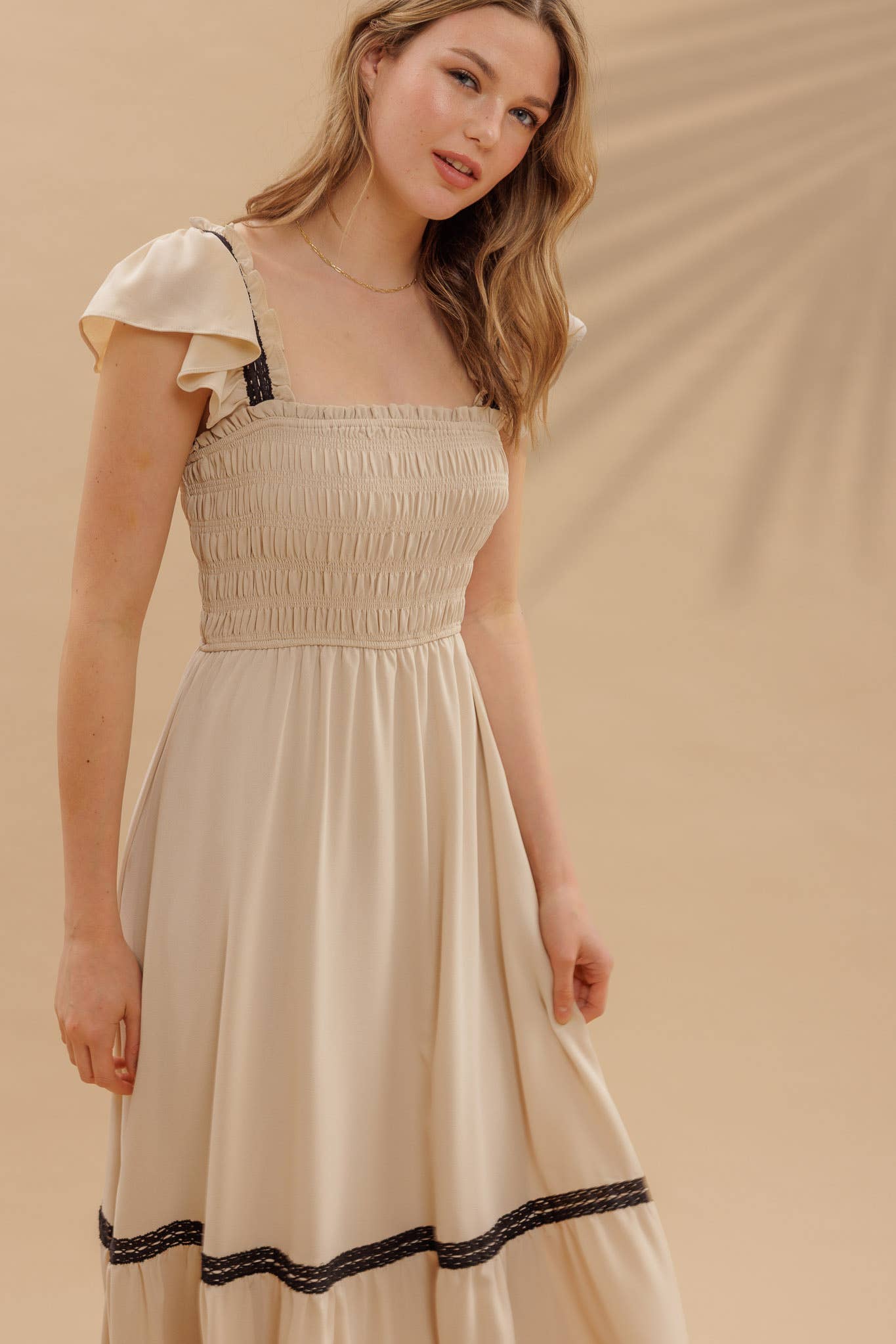 FINAL SALE- CONTRAST DETAIL SMOCKED RUFFLE MIDI DRESS 926 WEST