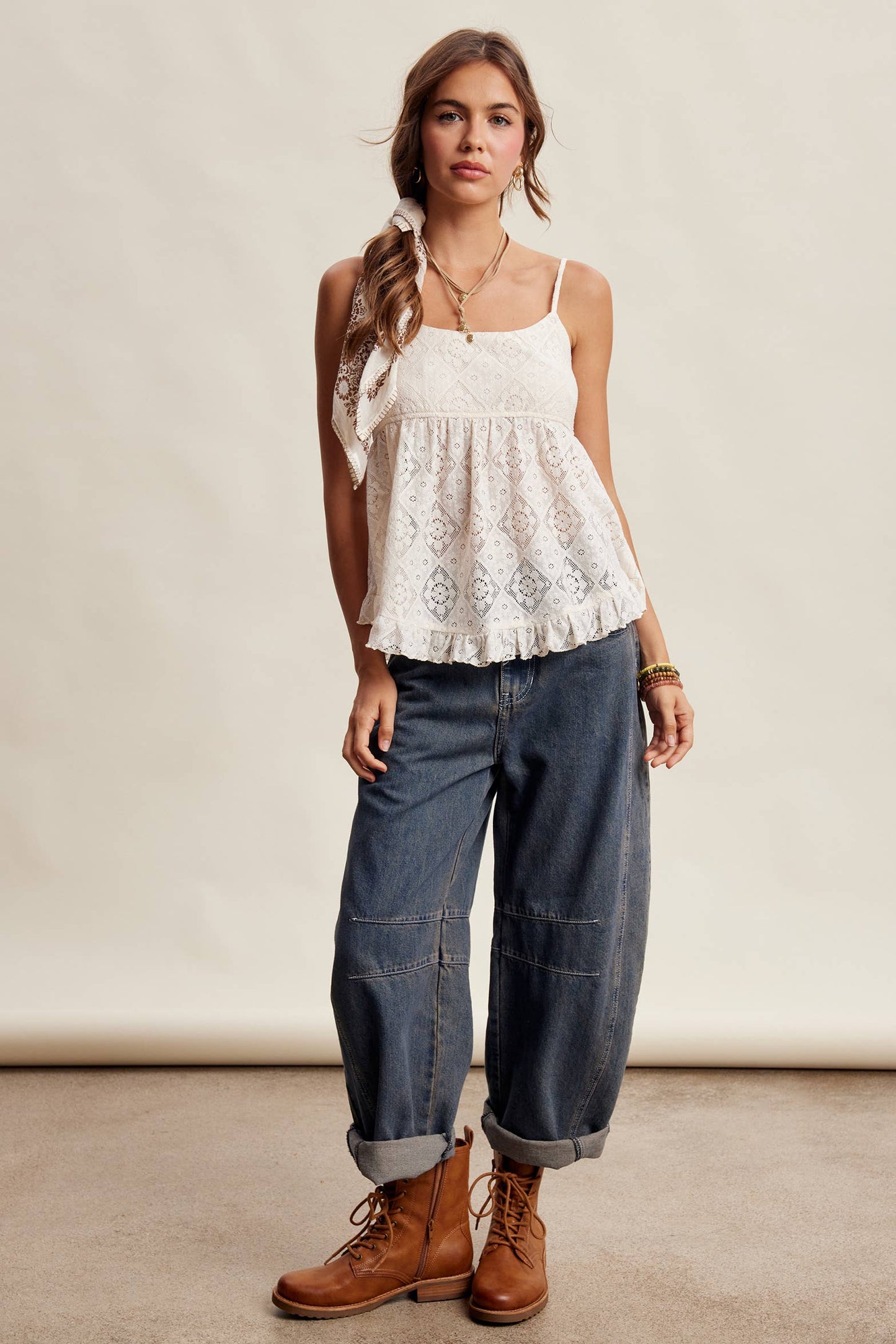 Floral Stretch Lace Peplum Cami Top – Ivory & Black