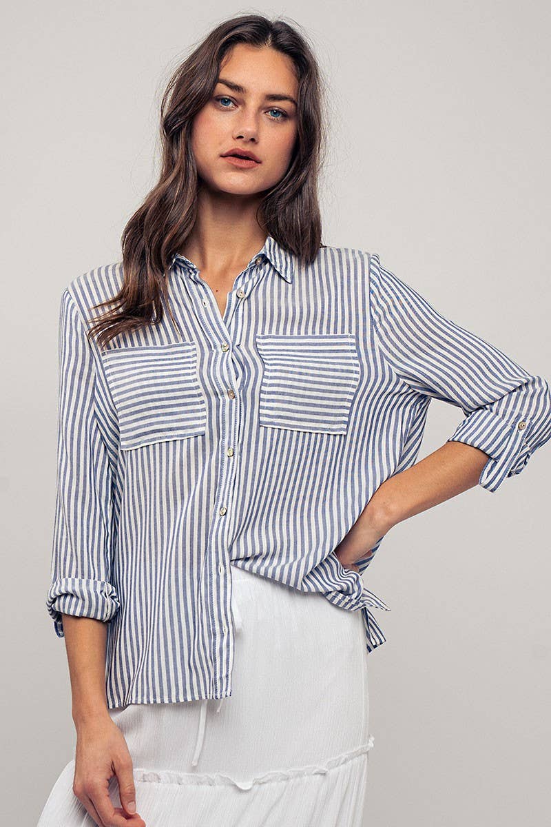 Relaxed Fit Vertical Striped Rayon Button Down Shirt Urban Daizy
