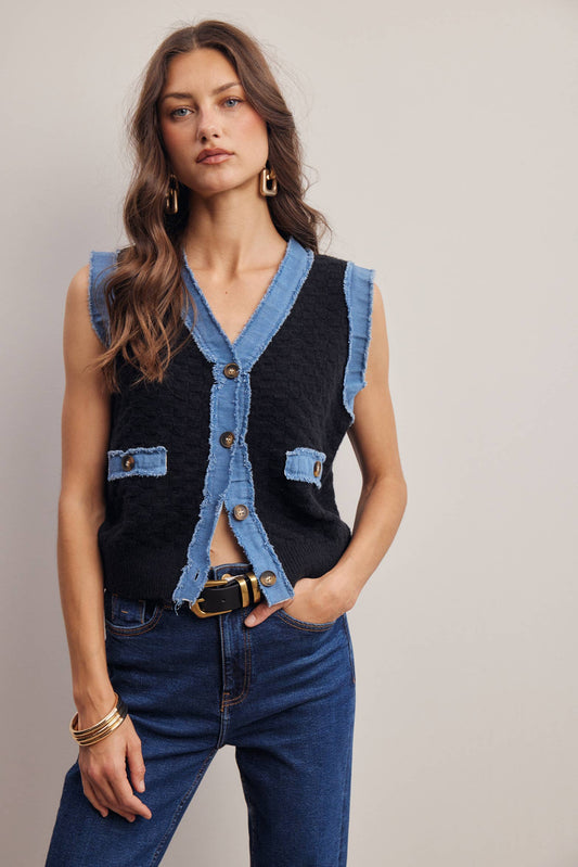 Your Favorite Denim Trim Knit Vest - 926 West