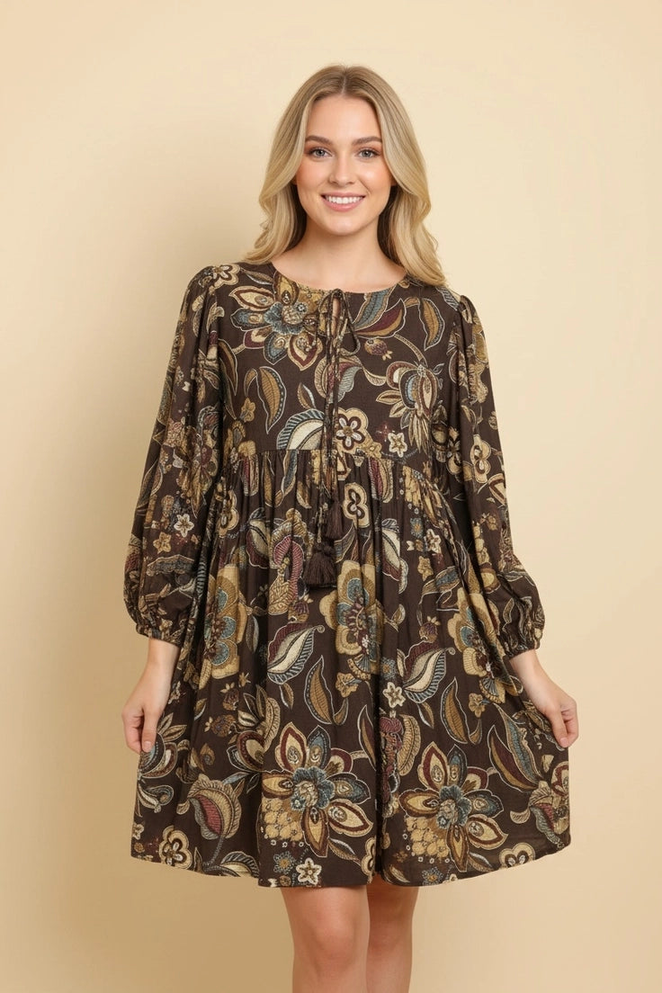 Long Sleeve Botanical Print Babydoll Mini Dress