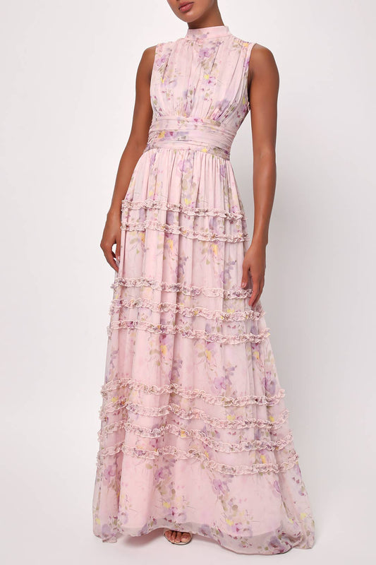 Lulus Eden Floral Chiffon Ruffle Dress