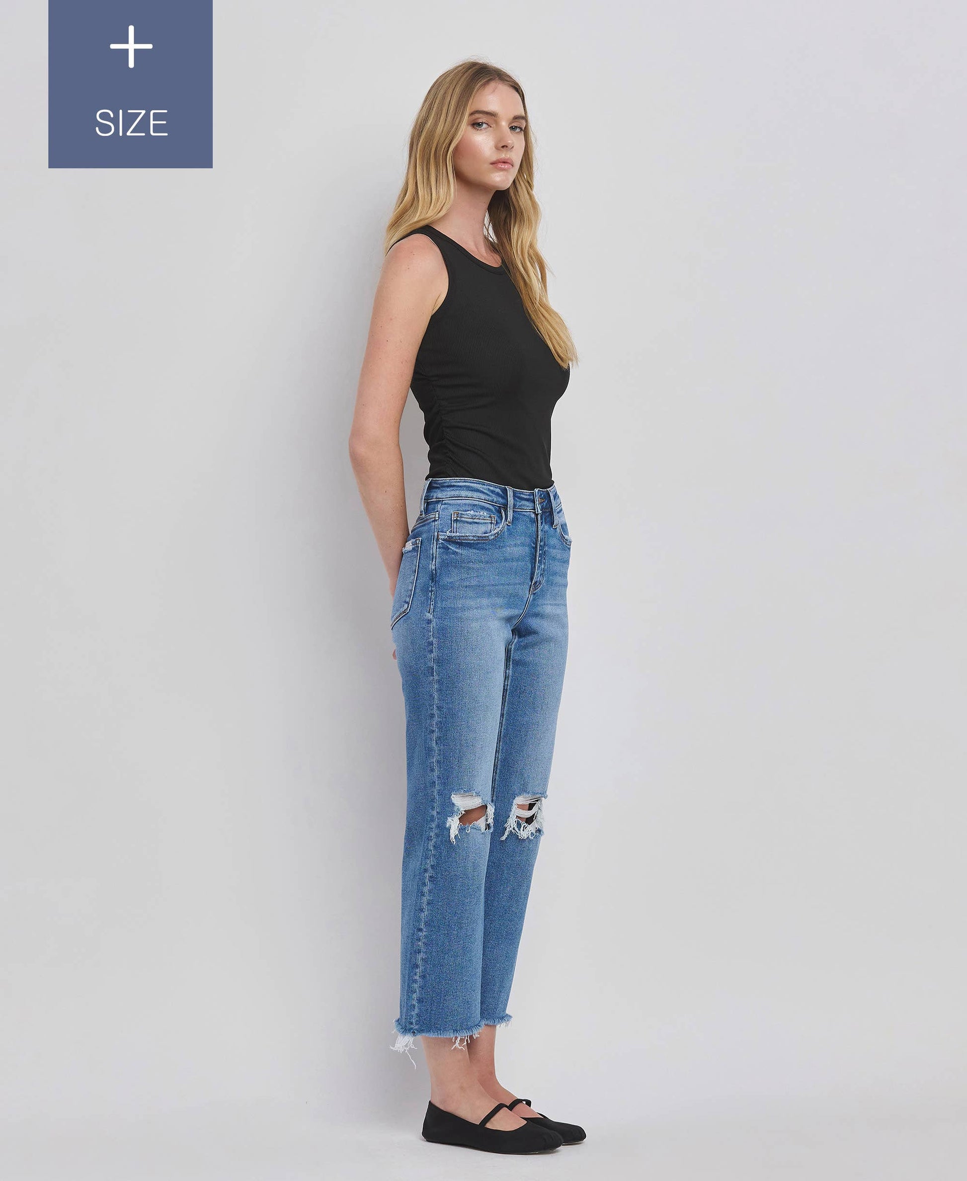 PLUS SIZE HIGH RISE DISTRESSED CROP STRAIGHT JEANS LV1385-P Lovervet by VERVET