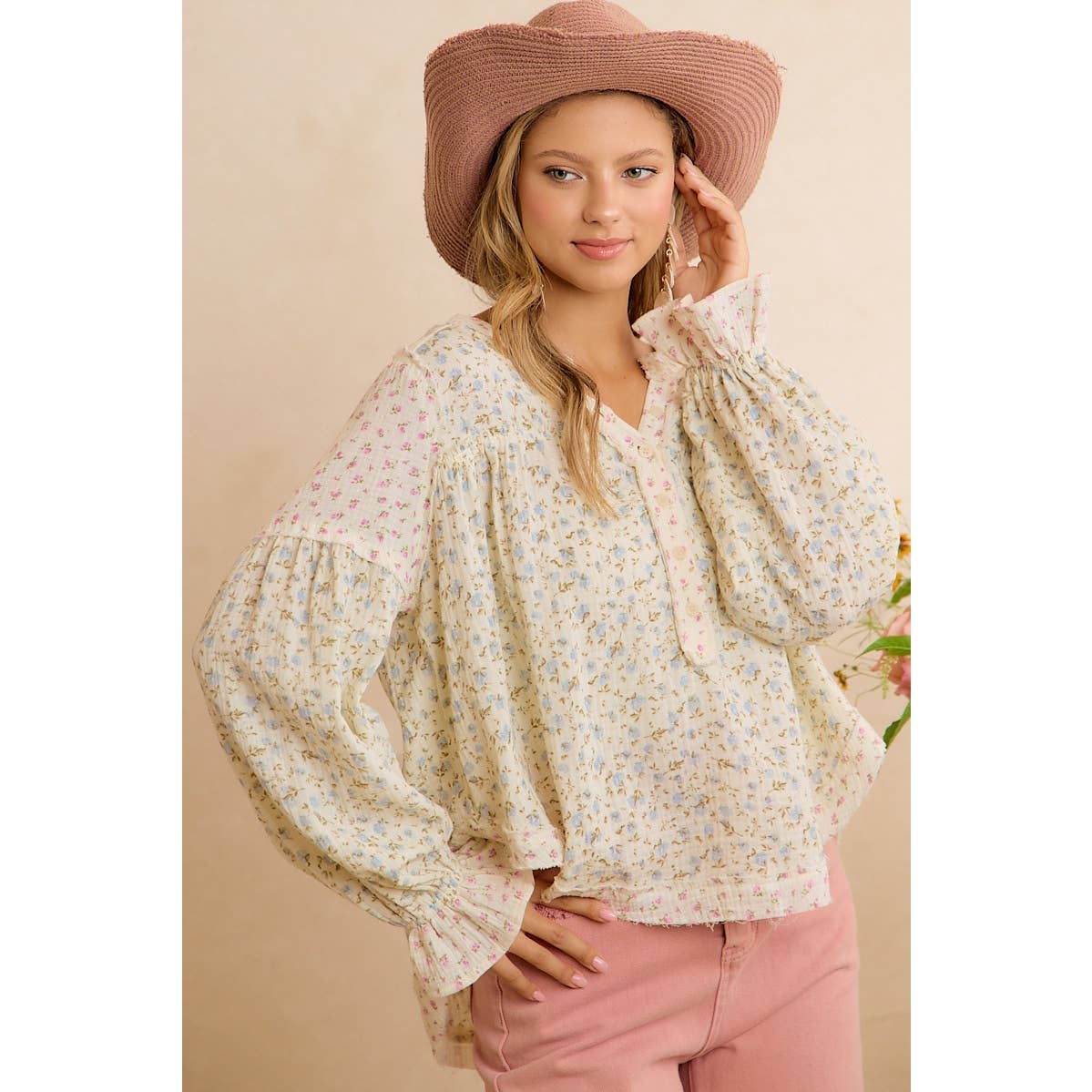 BiBi Floral Crinkle Gauze Button-Front Blouse