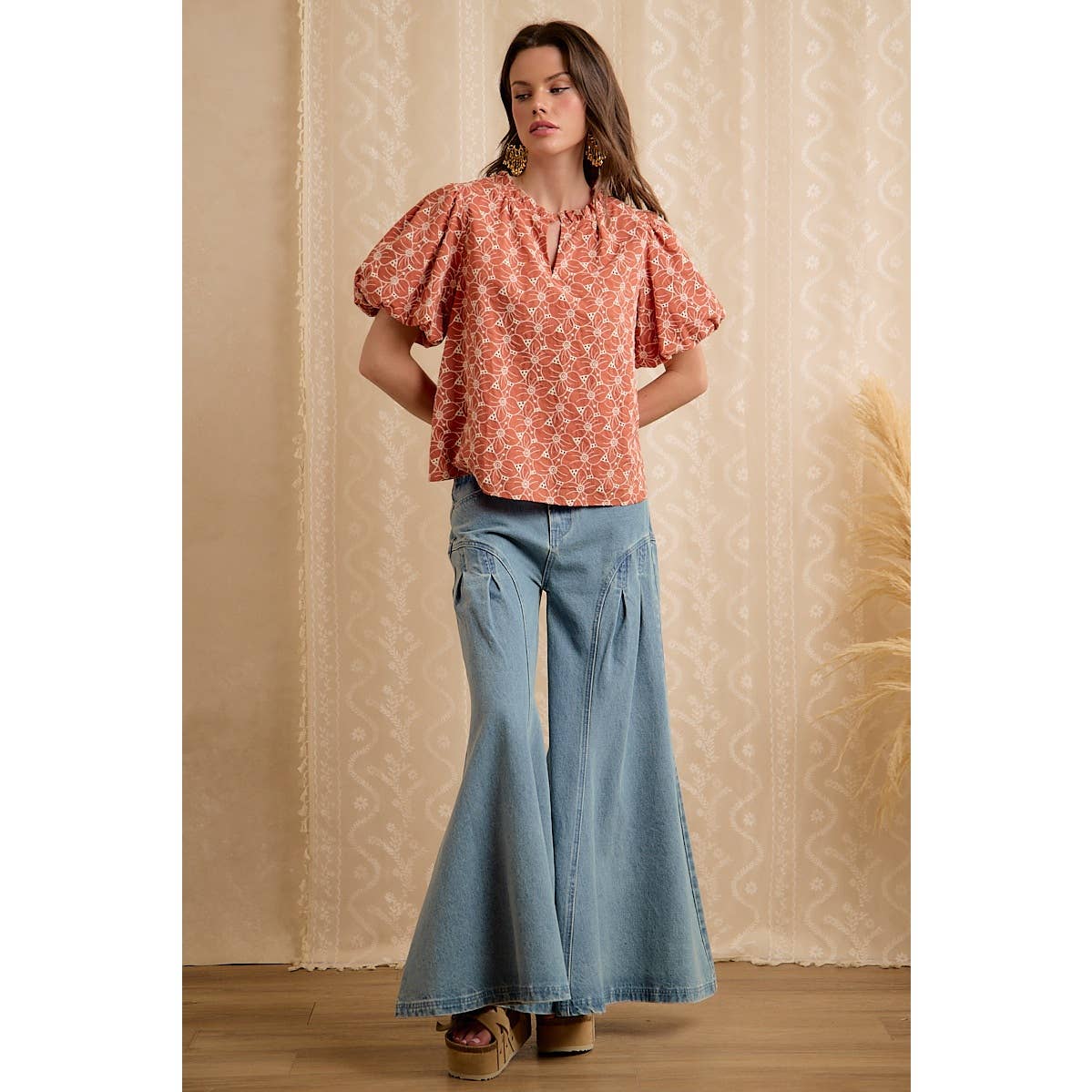 Rust Cotton Eyelet Puff Sleeve Blouse