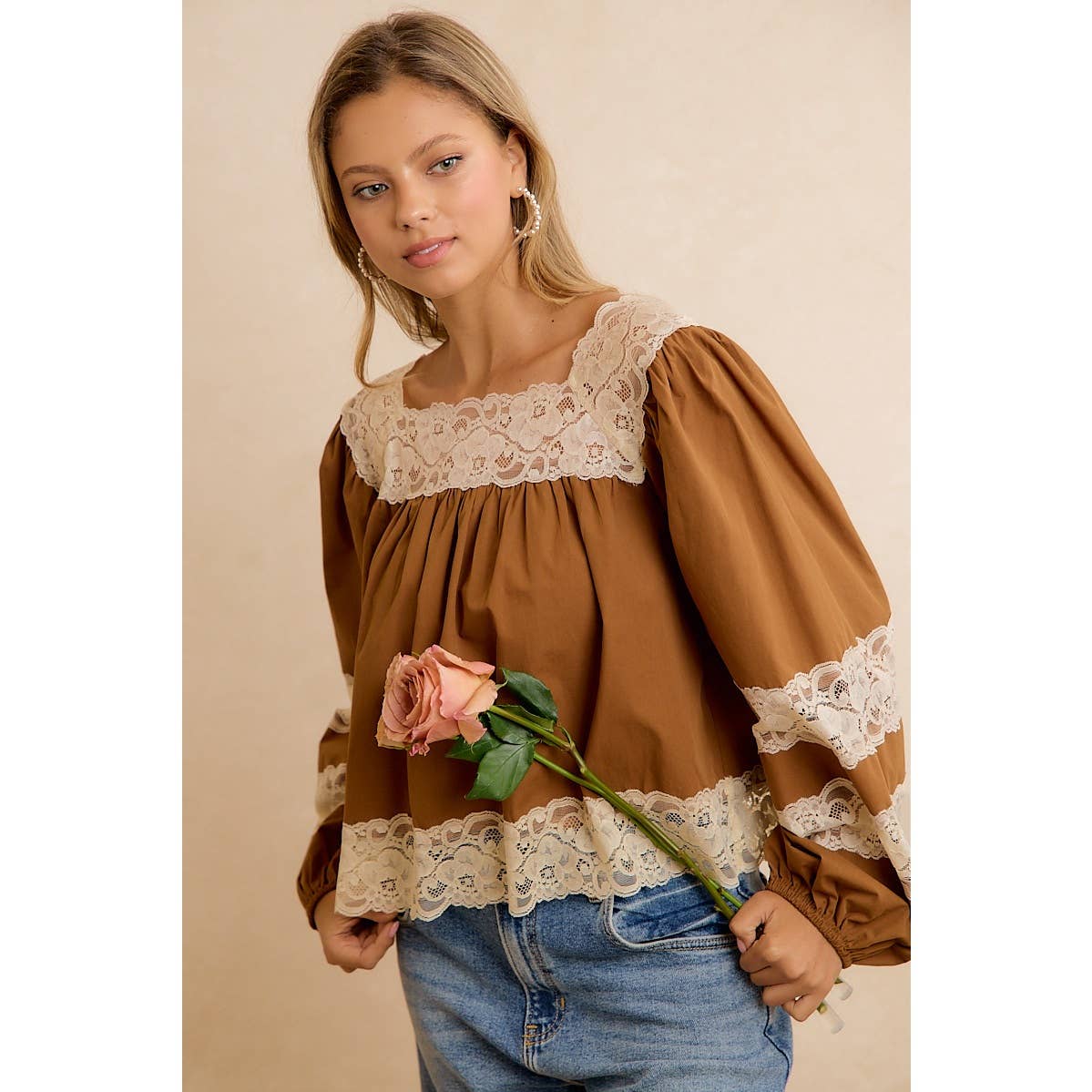 BiBi Camel Lace-Trim Balloon Sleeve Blouse