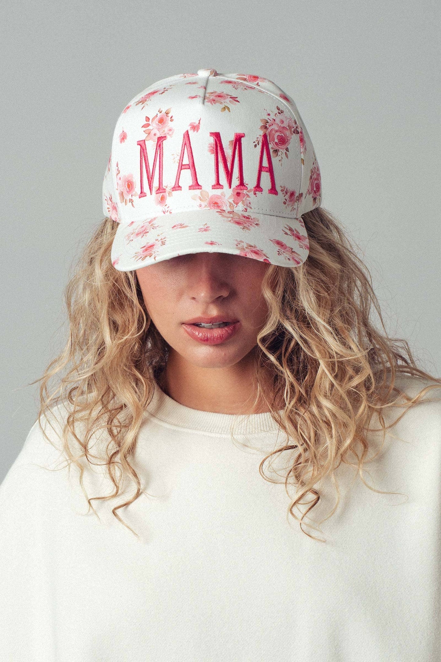 MAMA Floral Embroidered Trucker Hat - Pink Floral Print Cap