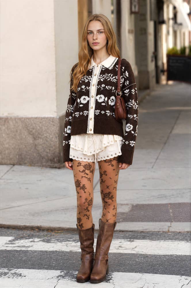 Floral Jacquard Contrast-Collar Cardigan