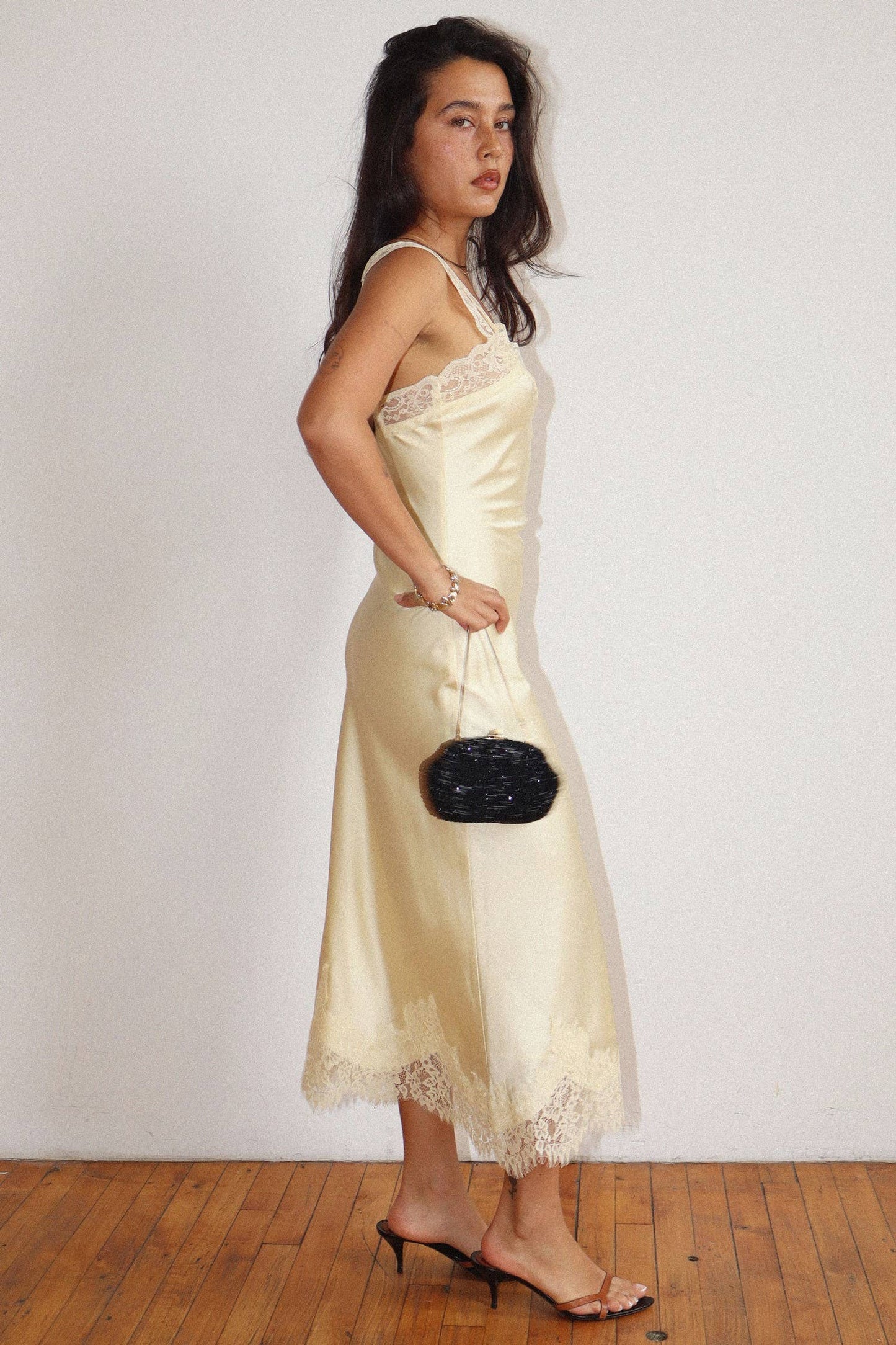 Lace Trim Satin Midi Dress