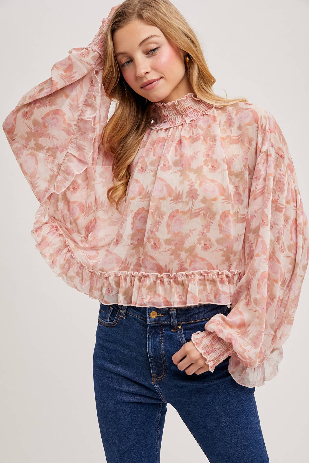 FLORAL PRINT RUFFLED MOCK NECK DOLMAN SLEEVE CHIFFON TOP Bluivy