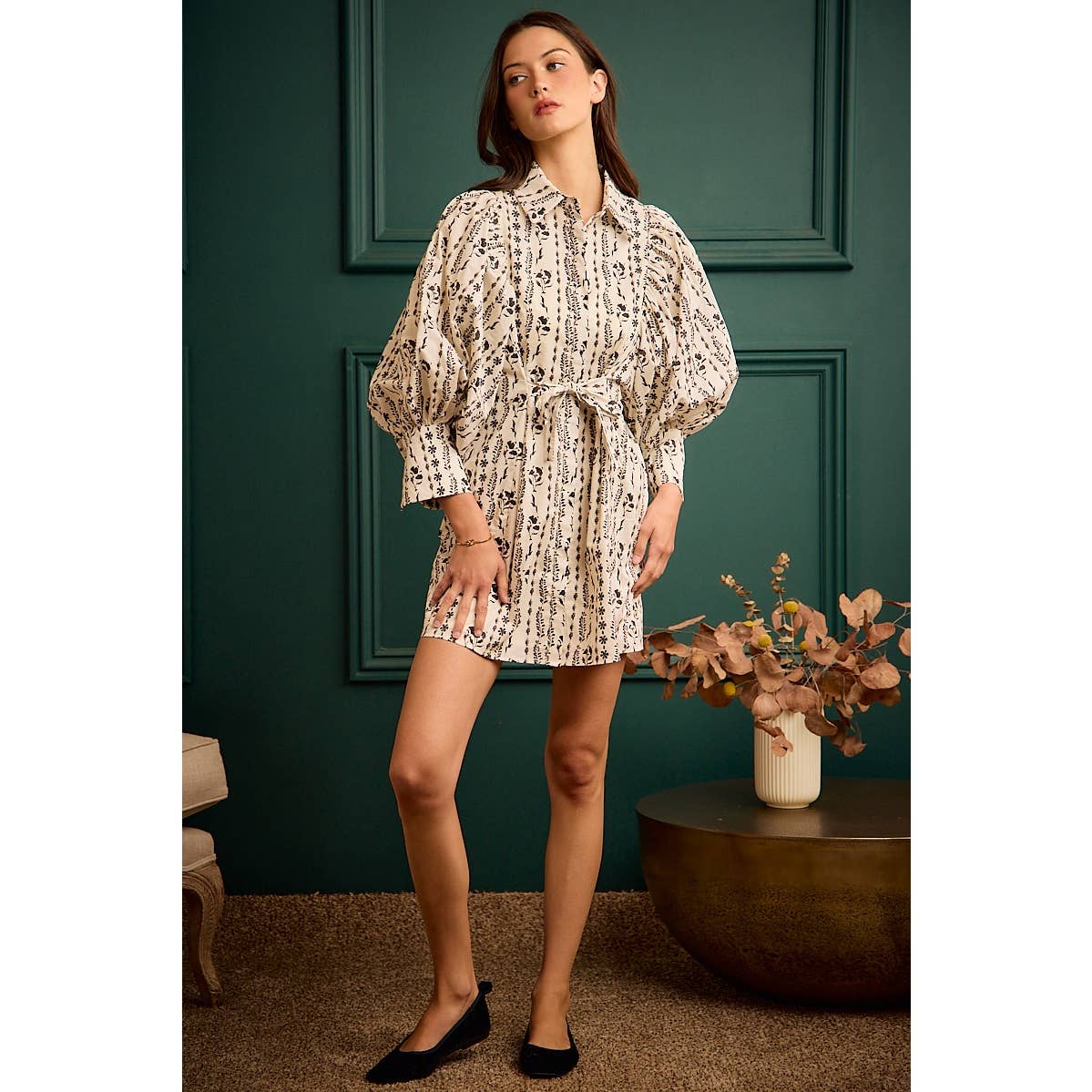 Cream Floral Puff-Sleeve Tie-Waist Mini Dress