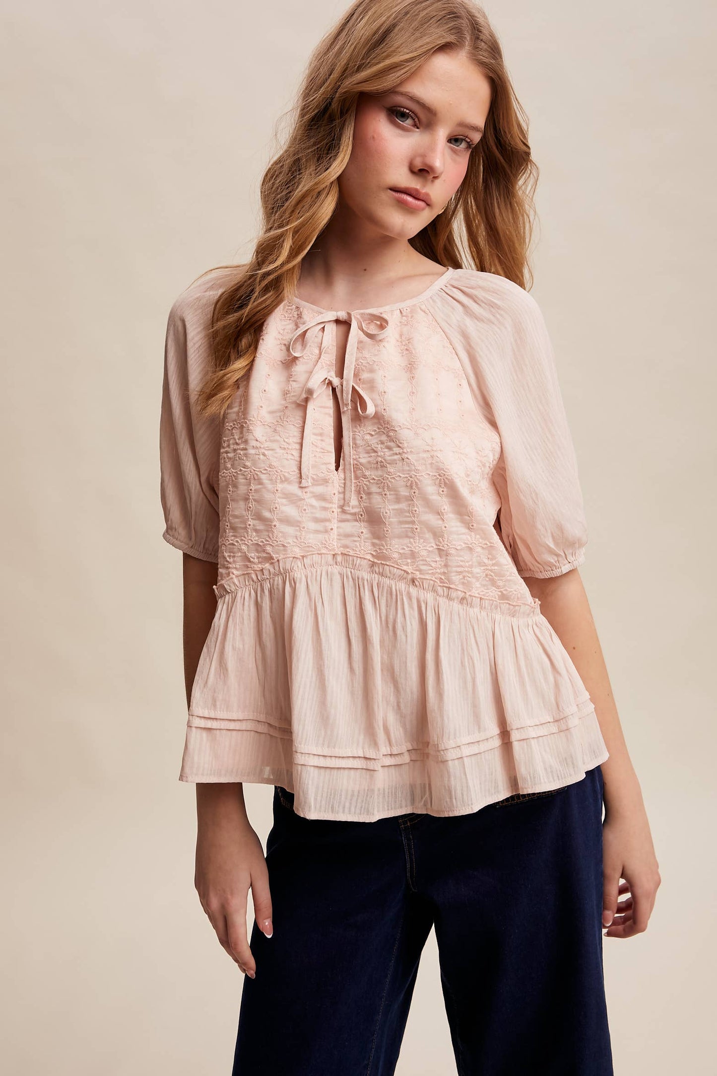 Embroidered Peplum Tie-Front Top – Petal